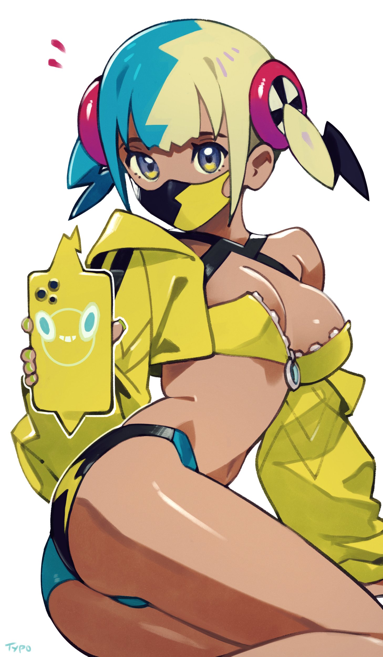 optionaltypo, canari (pokemon), nintendo, pokemon, pokemon legends: z-a, absurdres, highres, 1girl, aqua bikini, aqua hair, arm support, artist name, ass, bikini, black bikini, black mask, black trim, blonde hair, breasts, cleavage, double vertical stripe, french nails, gradient eyes, green nails, hair ornament, holding pokedex, jacket, leaning to the side, lightning bolt symbol, looking at viewer, lounging, mask, medium breasts, midriff, mouth mask, multicolored bikini, multicolored eyes, multicolored hair, notice lines, off shoulder, on ground, open clothes, open jacket, partially unzipped, pokedex, purple eyes, short hair, short twintails, signature, sitting, solo, swimsuit, twintails, two-tone hair, two-tone mask, yellow bikini, yellow eyes, yellow jacket, yellow mask, yokozuwari, zipper, zipper bikini, zipper pull tab