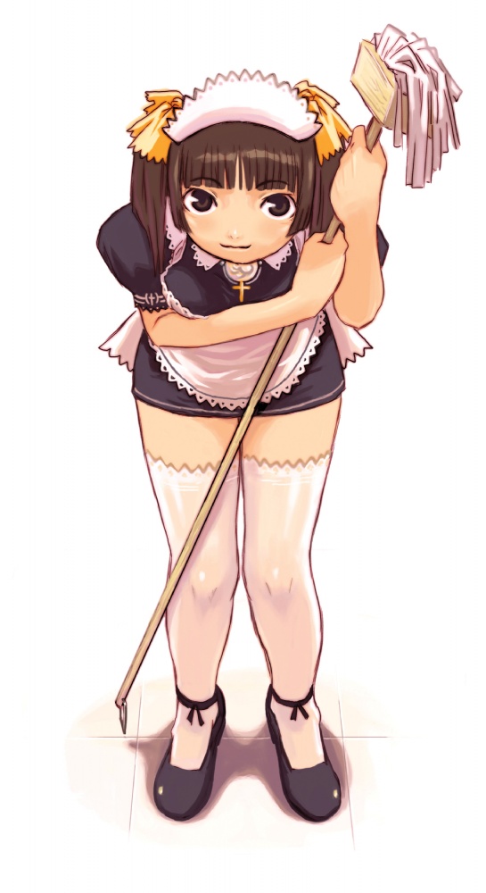 ryoji (nomura ryouji), non-web source, 1girl, brown eyes, brown hair, female focus, full body, leaning forward, maid, mop, short hair, solo, standing, thighhighs, twintails, white background, white thighhighs