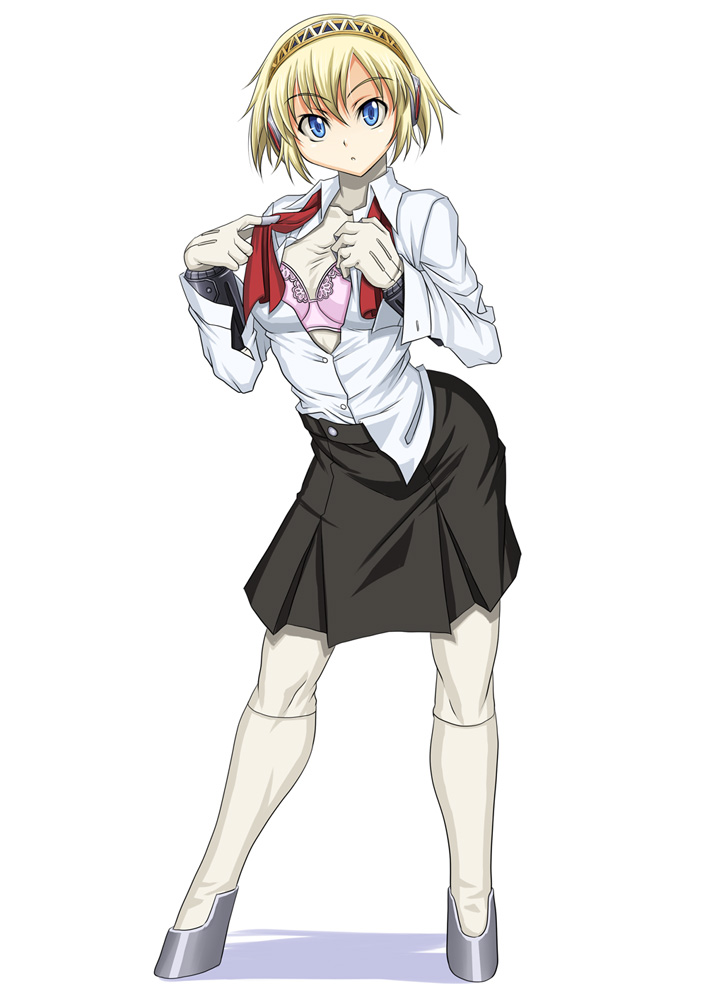 syunzou, aigis (persona), atlus, persona, persona 3, android, blonde hair, blue eyes, headphones, necktie, shirt, short hair, skirt, solo