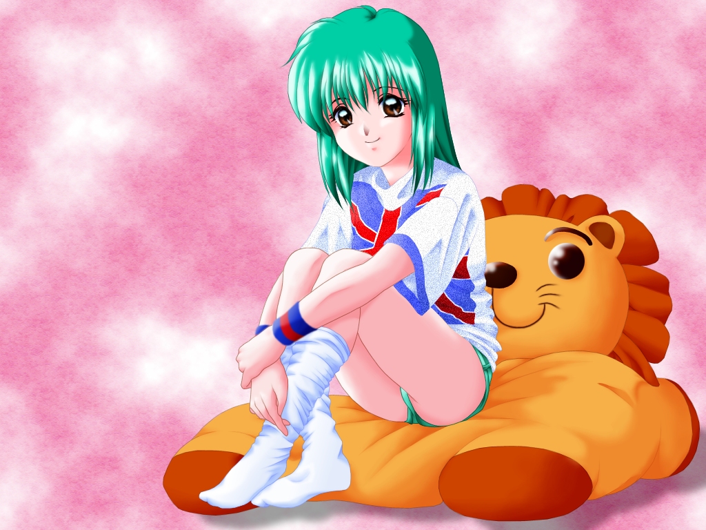 non-web source, brown eyes, green hair, lion, sitting, solo, stuffed animal, stuffed toy, united kingdom, wristband