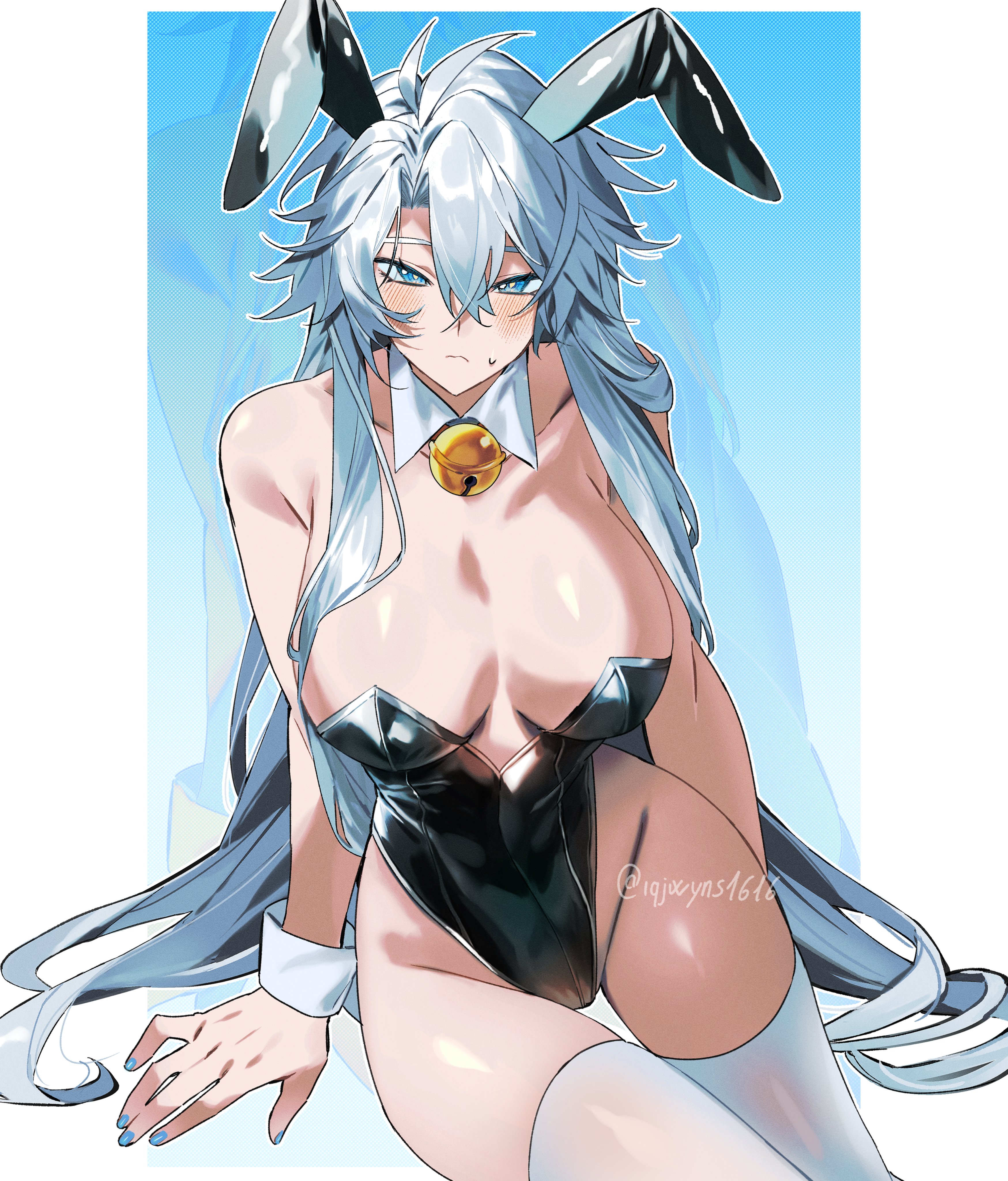 phainon (honkai: star rail), honkai: star rail, honkai (series), absurdres, commentary, highres, 1girl, animal ears, antenna hair, bell, blue eyes, blue nails, blush, breasts, detached collar, genderswap, genderswap (mtf), iqjwyns1616, large breasts, long hair, playboy bunny, rabbit ears, simple background, sitting, sleeve cuffs, sweatdrop, thighs, twitter username, very long hair, white hair