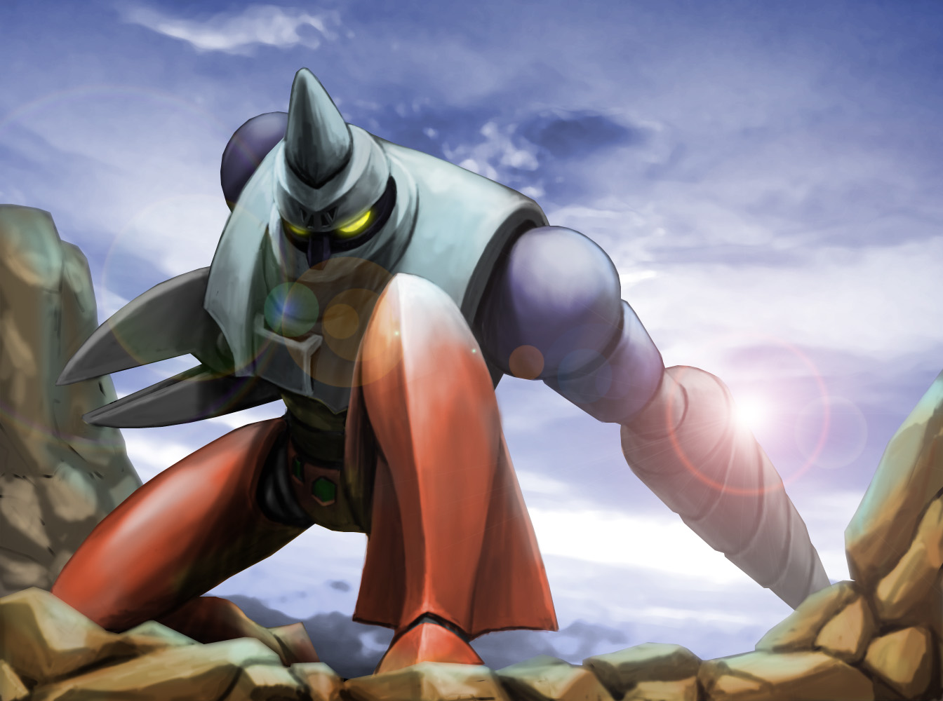 aniki gunsou, getter-2, getter robo, getter robo (classic), toei company, day, drill, lens flare, mecha, mecha focus, no humans, outdoors, robot, sky, solo, super robot