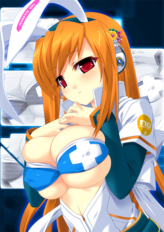 kinoshita ichi, umegiri iroha, umegiri iroha (candy bunny), beatmania iidx, bemani, looking away, 1girl, animal ears, blush, breast suppress, breasts, breasts squeezed together, fake animal ears, female focus, headphones, large breasts, long hair, long sleeves, open clothes, open shirt, orange hair, rabbit ears, red eyes, shirt, solo, upper body