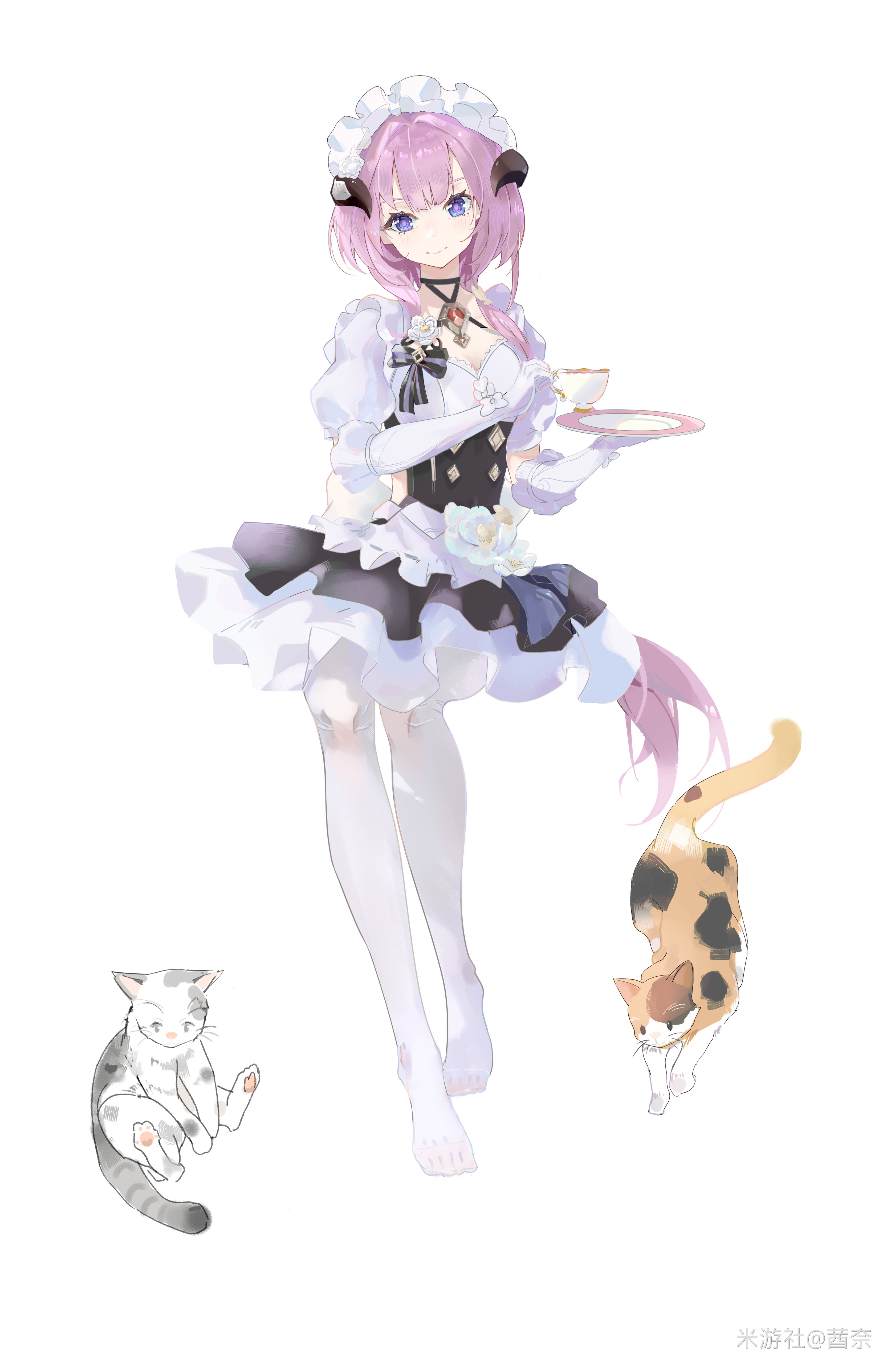 elysia (honkai impact), elysia (miss pink) (honkai impact), elysia (miss pink elf) (honkai impact), honkai (series), honkai impact 3rd, absurdres, chinese commentary, commentary request, highres, variant set, 1girl, apron, black dress, blue eyes, breasts, cake, cat, chair, cleavage, cup, dress, fake horns, food, gloves, holding, holding cup, holding plate, horns, large breasts, long hair, maid, maid apron, maid headdress, official alternate costume, on chair, pink hair, plant, plate, potted plant, qiannai live, simple background, sitting, solo, strawberry shortcake, table, teacup, teapot, thighhighs, toes, very long hair, white apron, white background, white gloves, white thighhighs