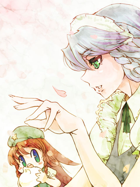 rokumen saikoro, hong meiling, izayoi sakuya, embodiment of scarlet devil, touhou, silver hair, 2girls, braid, chibi, female focus, food, green eyes, hairband, hat, long hair, multicolored eyes, multiple girls, red hair, short hair, steamed bun, twin braids