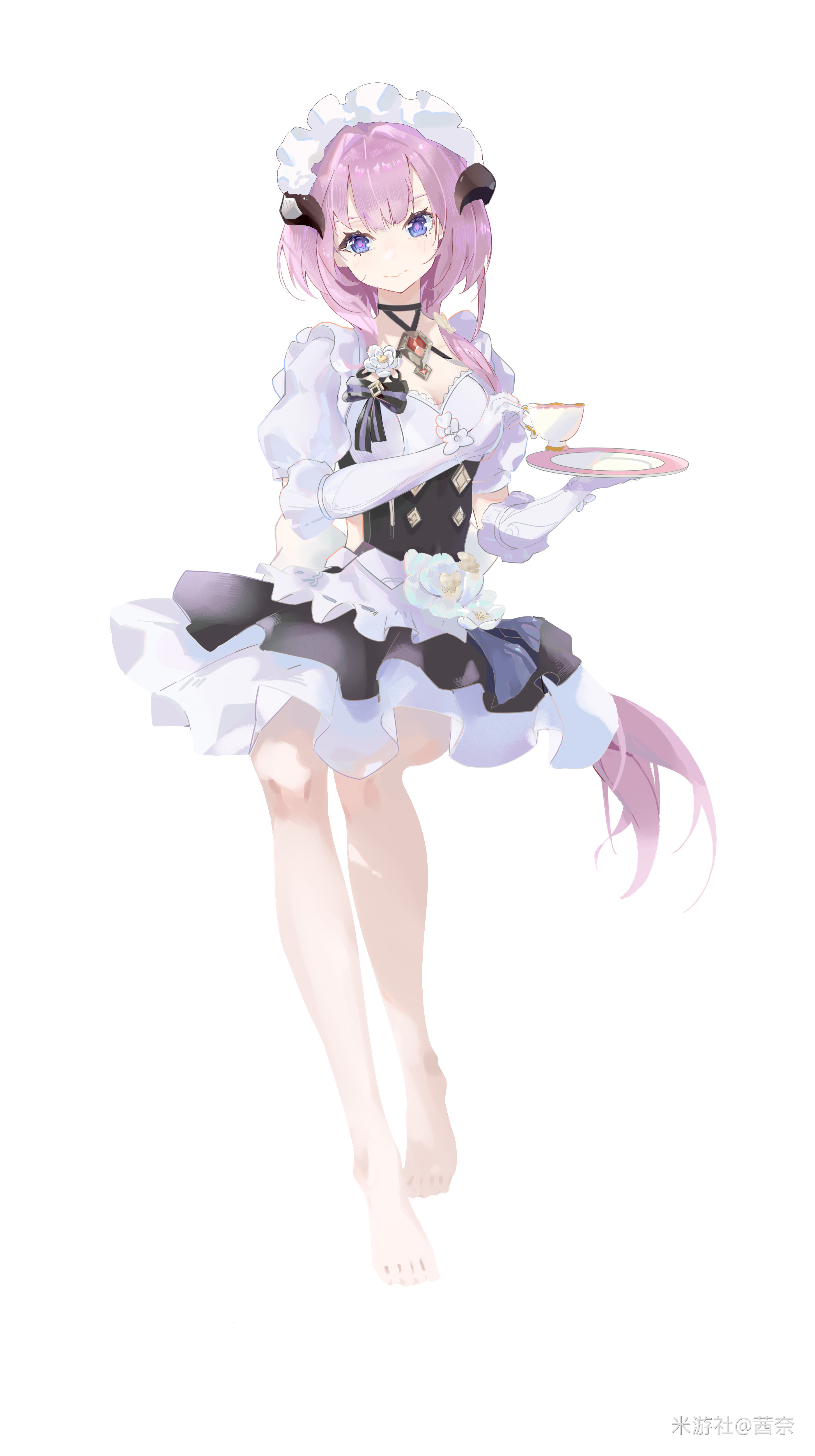 elysia (honkai impact), elysia (miss pink) (honkai impact), elysia (miss pink elf) (honkai impact), honkai (series), honkai impact 3rd, absurdres, chinese commentary, commentary request, highres, variant set, 1girl, apron, barefoot, black dress, blue eyes, breasts, cake, cameltoe, chair, cleavage, cup, dress, fake horns, feet, food, gloves, holding, holding cup, holding plate, horns, large breasts, long hair, maid, maid apron, maid headdress, official alternate costume, pink hair, plant, plate, potted plant, qiannai live, simple background, sitting, solo, strawberry shortcake, table, teacup, teapot, very long hair, white apron, white background, white gloves