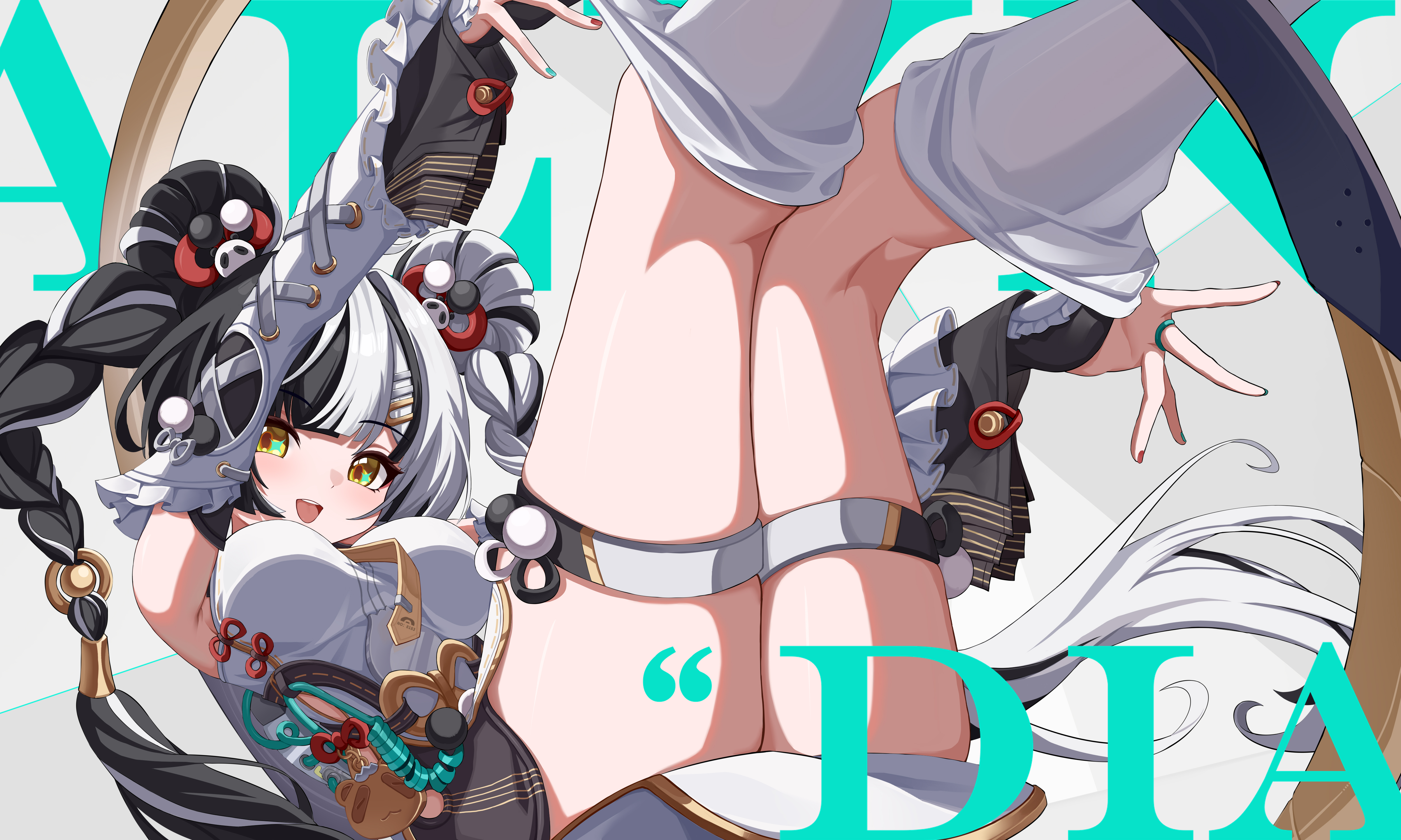 aichinaigai, dialyn (zenless zone zero), zenless zone zero, absurdres, highres, 1girl, :d, alternate breast size (larger), aqua nails, armpits, black hair, black shorts, blush, braid, breasts, chakram, character name, china dress, chinese clothes, detached sleeves, dress, floating hair, jewelry, legs up, long hair, looking at viewer, medium breasts, mindscape cinema (zenless zone zero), multicolored hair, multicolored nails, open mouth, red nails, removing thighhigh, ring, shorts, smile, solo, split-color hair, thigh strap, thighhighs, thighs, twin braids, very long hair, weapon, white hair, white thighhighs, yellow eyes