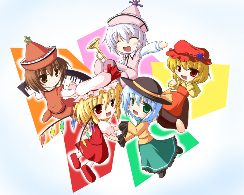 miyo (miyomiyo01), miyo (pixiv205745), aki minoriko, flandre scarlet, komeiji koishi, lyrica prismriver, merlin prismriver, touhou, 5girls, :d, ^ ^, blonde hair, blush, closed eyes, crystal, demon wings, female focus, hat, holding hands, long sleeves, looking at viewer, looking back, multiple girls, open mouth, red hair, side ponytail, smile, tareme, trait connection, wings