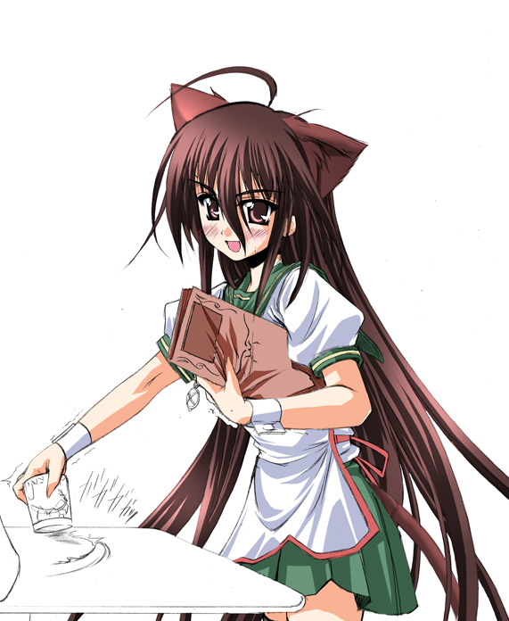 alastor (shakugan no shana), shana, shakugan no shana, non-web source, 00s, 1girl, animal ears, blush, brown eyes, brown hair, cat ears, cat tail, female focus, long hair, school uniform, serafuku, solo, tail, waitress, wrist cuffs