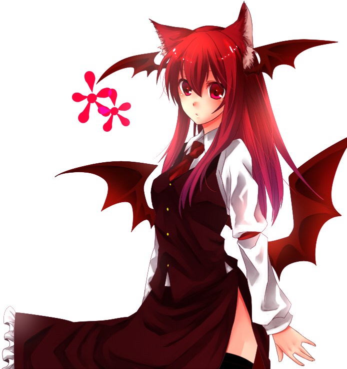 yutazou, koakuma, embodiment of scarlet devil, touhou, bad id, bad pixiv id, 1girl, animal ears, cat ears, cat girl, female focus, head wings, necktie, red eyes, red hair, solo, standing, thighhighs, white background, wings