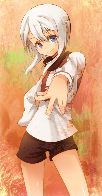 koucha, yoshitomo (koucha), original, bad id, bad pixiv id, 1girl, blue eyes, female focus, outstretched arm, outstretched hand, reaching, shorts, sidelocks, smile, solo, white hair