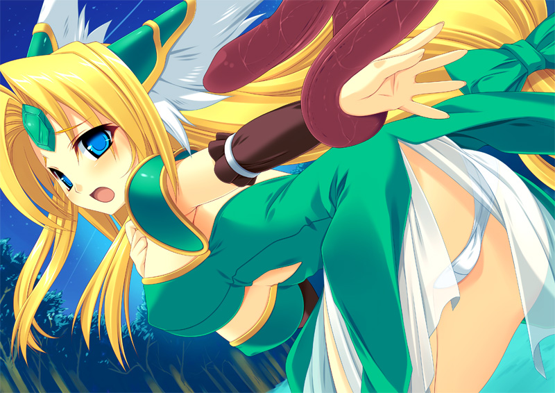 kinoshita ichi, riesz, seiken densetsu, seiken densetsu 3, lossy-lossless, 1girl, ass, bent over, blonde hair, blue eyes, blush, bow, breasts, female focus, hair bow, head wings, helmet, long hair, low-tied long hair, night, open mouth, panties, rape, sky, solo, star (sky), star (symbol), starry sky, tentacles, tree, underwear, very long hair, white panties, winged helmet, wings