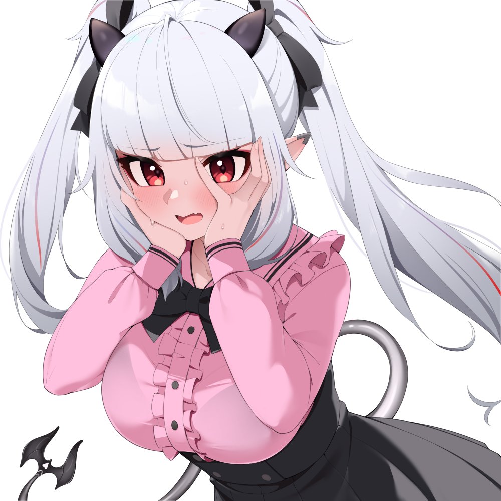 nano (nanojyaa), lucy pyre, indie virtual youtuber, 1girl, black bow, black bowtie, blunt bangs, blush, bow, bowtie, bra visible through clothes, breasts, center frills, demon girl, demon tail, dress, ear ornament, fang, frilled shirt, frills, grey hair, hands on own face, horns, large breasts, long hair, long sleeves, looking at viewer, open mouth, pointy ears, red eyes, shirt, simple background, skin fang, solo, tail, twintails, upper body, very long hair, virtual youtuber, white background