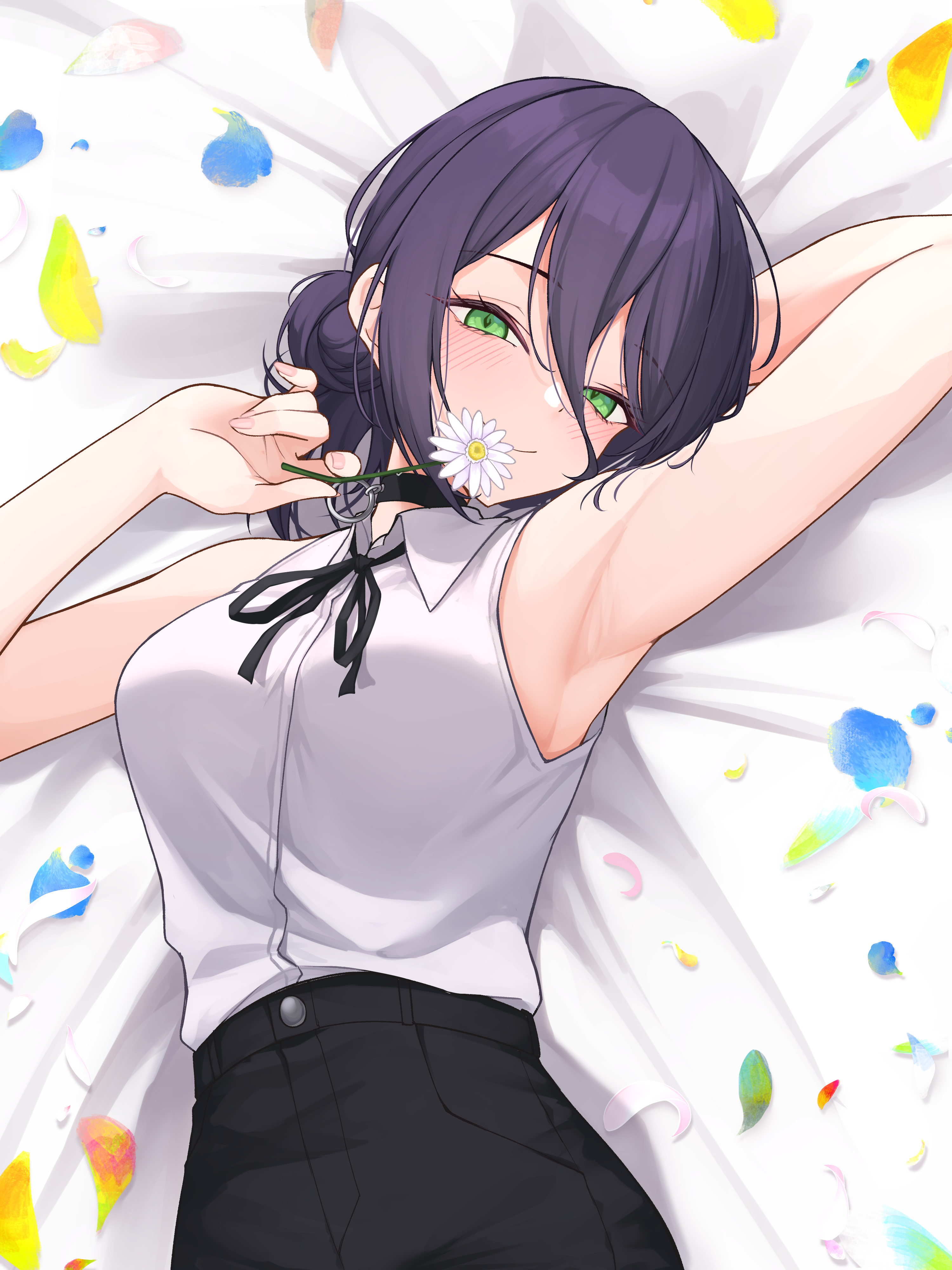 z.m. (zimin), reze (chainsaw man), chainsaw man, absurdres, highres, 1girl, armpits, bare arms, bed sheet, black choker, black ribbon, black shorts, breasts, choker, flower, gerbera, green eyes, hair between eyes, hair bun, holding, holding flower, long hair between eyes, looking at viewer, lying, medium breasts, neck ribbon, on back, petals, purple hair, ribbon, shirt, shirt tucked in, shorts, single side bun, sleeveless, sleeveless shirt, solo, white flower, white shirt