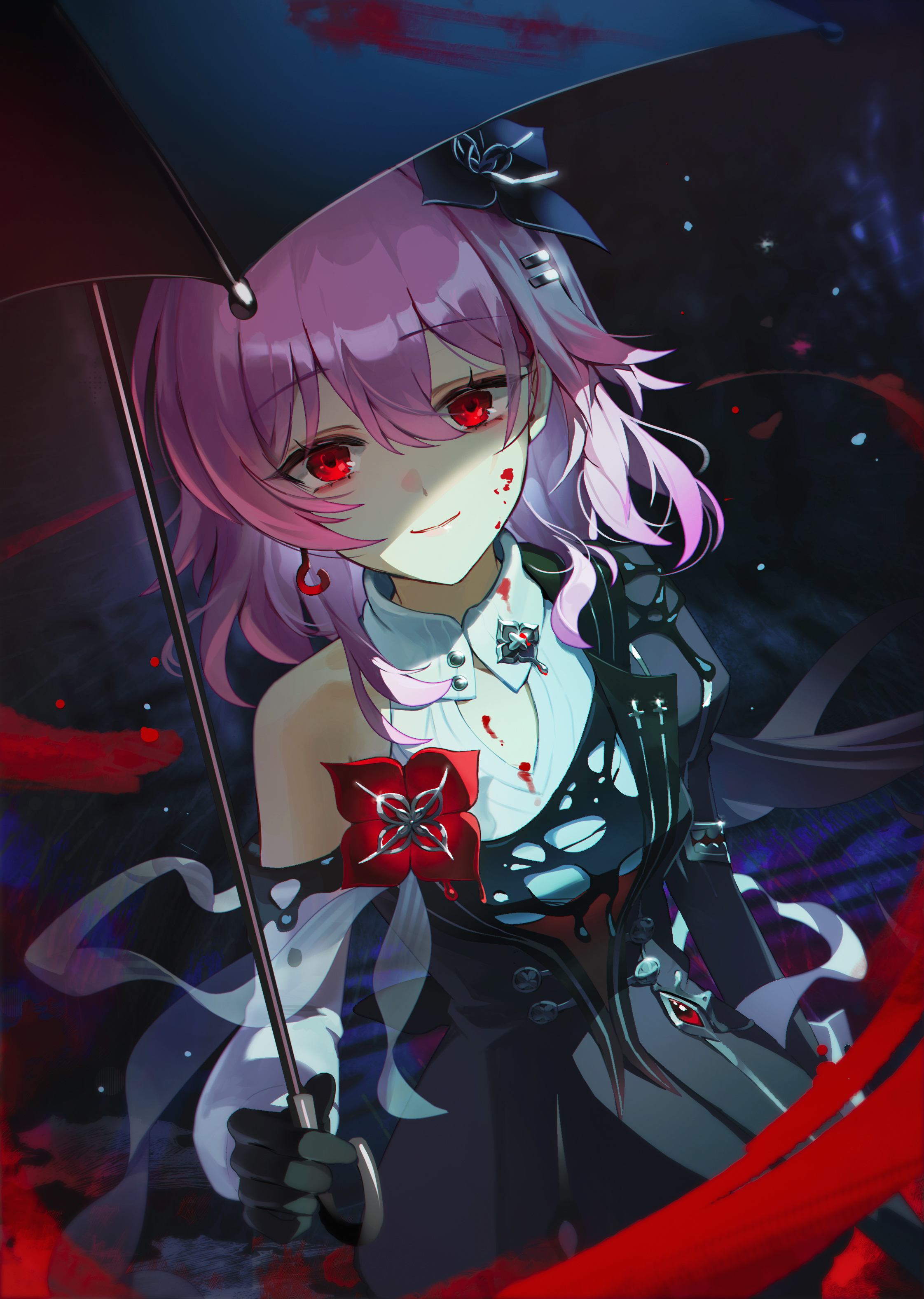 yanjem, evernight (honkai: star rail), march 7th (honkai: star rail), honkai: star rail, honkai (series), absurdres, hashtag-only commentary, highres, 1girl, black gloves, blood, blood on clothes, blood on face, buttons, dress, earrings, flower, gloves, hair between eyes, hair flower, hair ornament, hairclip, holding, holding umbrella, jewelry, layered dress, looking at viewer, parallel hairclips, pink hair, red eyes, single bare shoulder, single earring, umbrella
