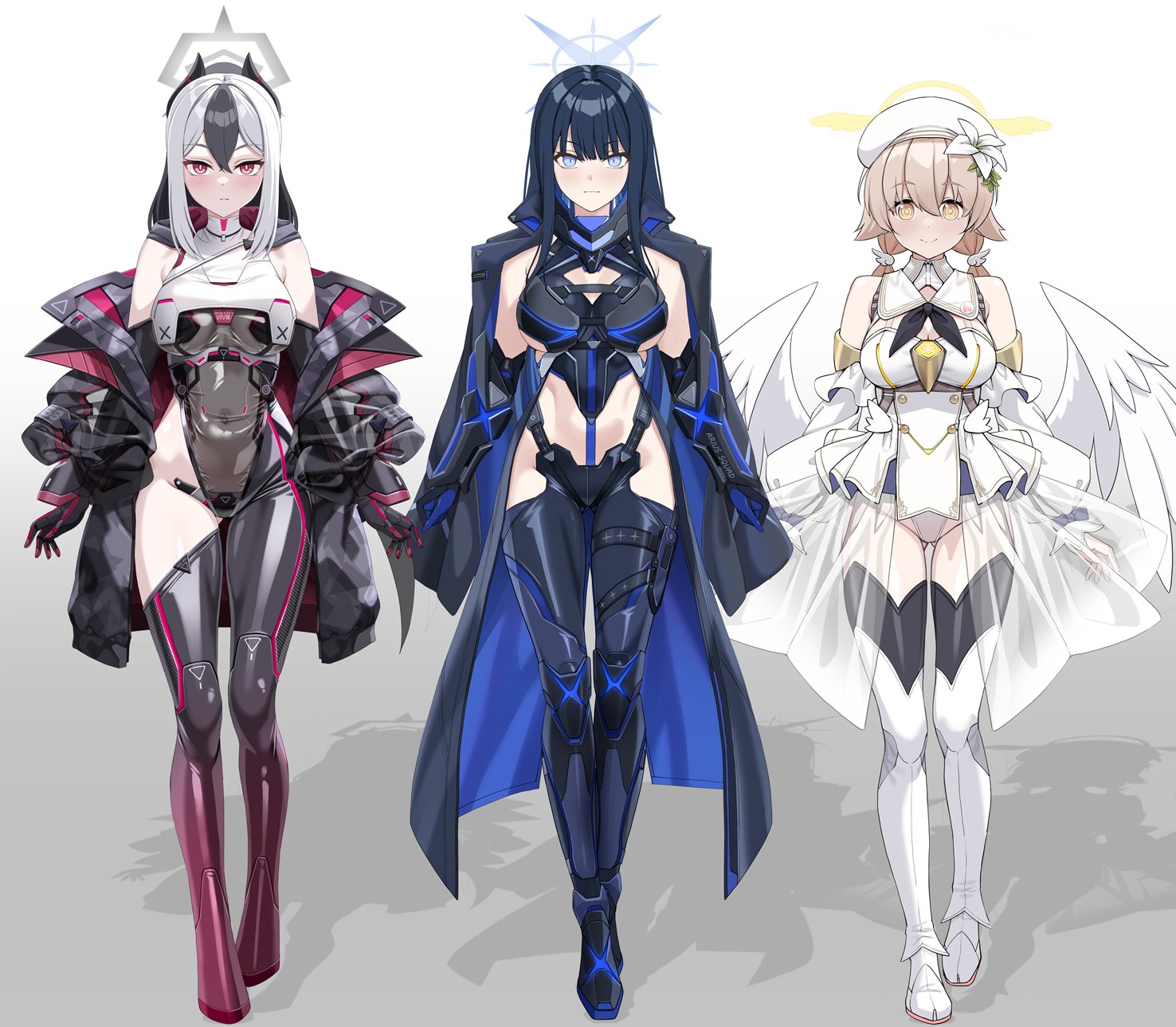 strelka belca, hifumi (blue archive), kayoko (blue archive), saori (blue archive), blue archive, commentary request, highres, 3girls, asymmetrical bangs, black gloves, black hair, black horns, blue eyes, blue hair, blue halo, blush, bodysuit, breasts, brown hair, closed mouth, colored inner hair, demon horns, demon wings, elbow gloves, gloves, grey bodysuit, grey halo, hair between eyes, halo, horns, impossible bodysuit, impossible clothes, large breasts, latex, latex bodysuit, long hair, looking at viewer, low twintails, multicolored bodysuit, multicolored hair, multiple girls, red eyes, simple background, single wing, skin tight, solo, twintails, two-tone hair, white hair, wings, yellow eyes