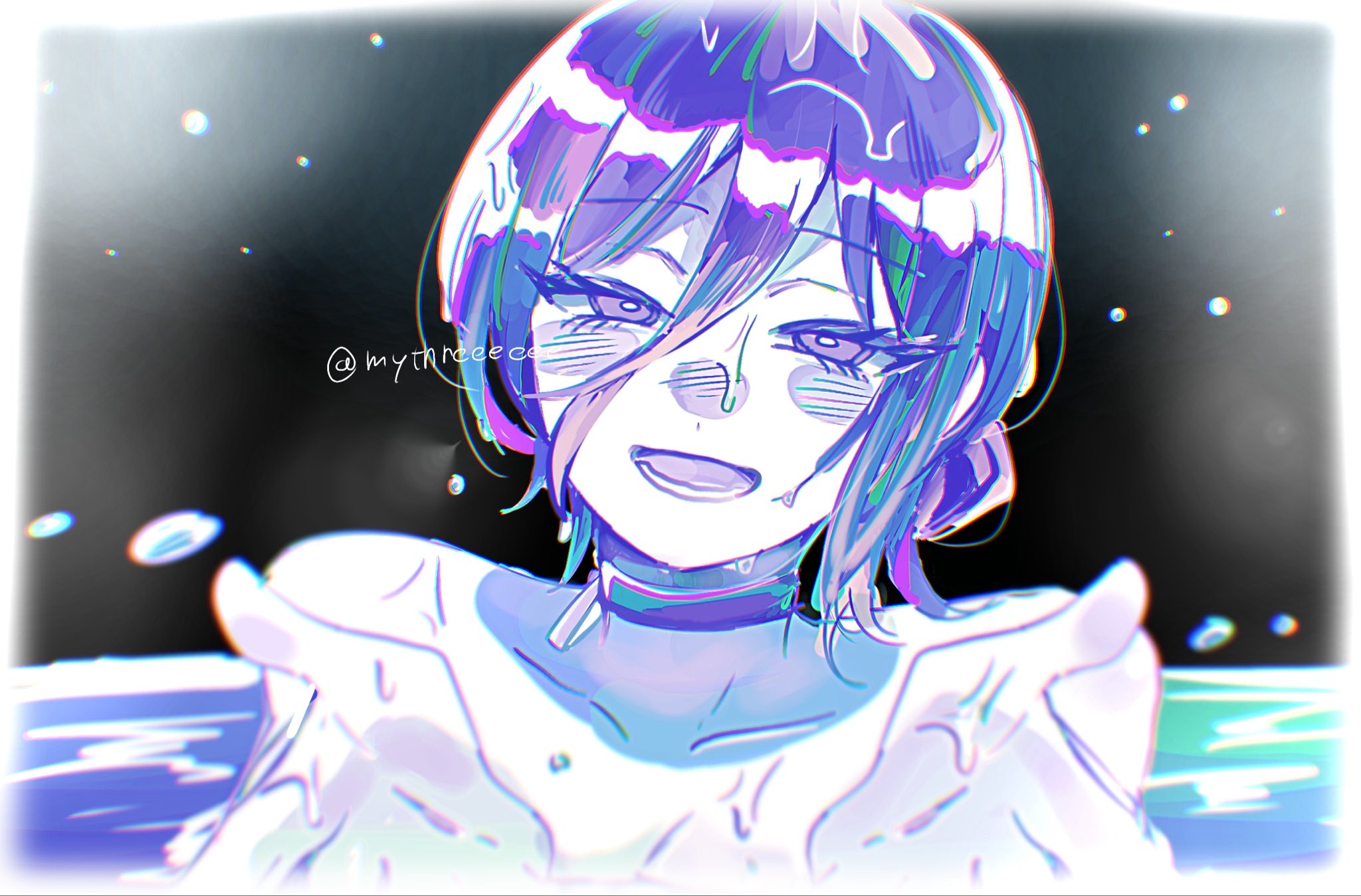 reze (chainsaw man), chainsaw man, commentary, highres, 1girl, bare shoulders, blush, choker, collarbone, grenade pin, hair between eyes, long hair between eyes, looking at viewer, mythreeeeee, open mouth, portrait, short hair, smile, solo, twitter username, water, wet