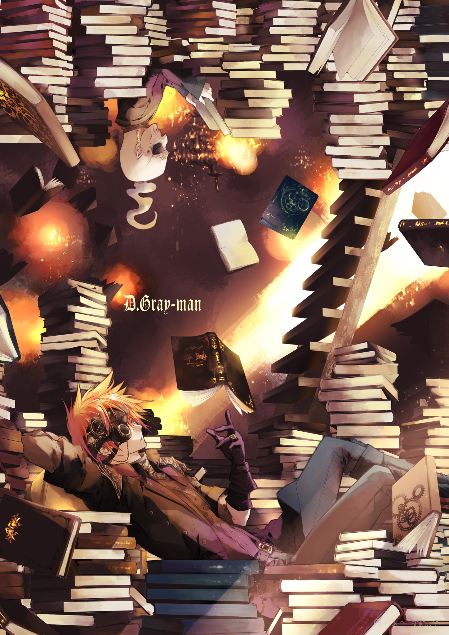 tsukini shigure, bookman, lavi, d.gray-man, highres, 2boys, abstract background, arm behind head, bald, belt, black eyeshadow, blue eyes, book, boots, brown background, brown headband, brown jacket, brown robe, brown shirt, brown vest, buttons, closed eyes, collared jacket, copyright name, earrings, eyepatch, eyeshadow, facing to the side, floating, floating book, floating earrings, floating object, gears, gloves, grey boots, grey pants, hair between eyes, headband, high ponytail, holding, holding book, jacket, jewelry, ladder, long sleeves, looking at object, looking up, lying, makeup, male focus, mature male, medium hair, messy hair, mole, monocle, monocle chain, multiple boys, old, old man, on back, one eye covered, open book, open clothes, open jacket, orange background, orange hair, pants, pile of books, pointy ears, ponytail, profile, purple gloves, ring, robe, shirt, short-sleeved jacket, short hair, short sleeves, sidelocks, single glove, spiked hair, striped clothes, striped headband, striped jacket, striped shirt, turtleneck, turtleneck shirt, upside-down, vertical-striped clothes, vertical-striped jacket, vest, white hair, wooden ladder, wrinkled skin, yellow background