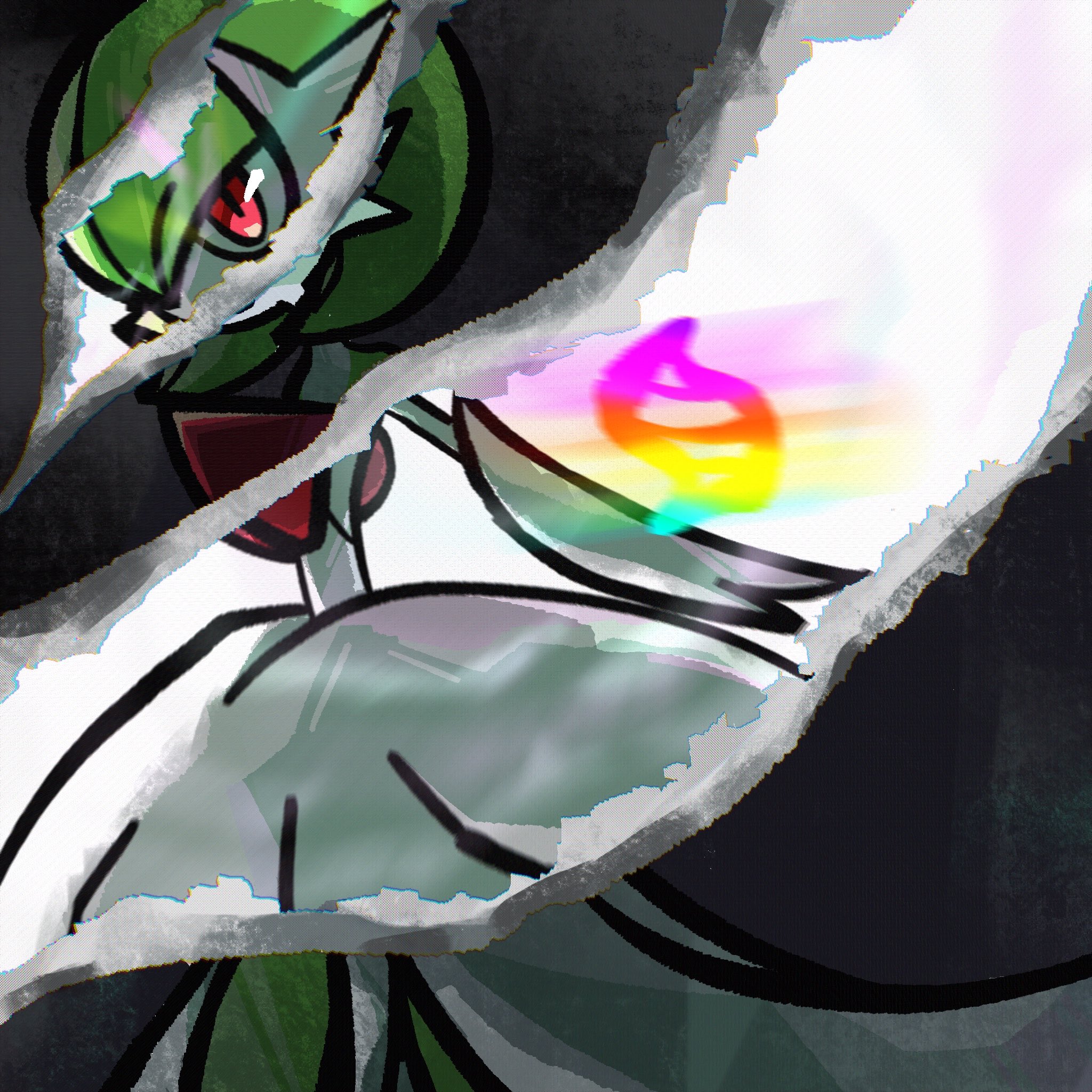 mikanbouzuuu, gardevoir, mega gardevoir, nintendo, pokemon, highres, bob cut, colored skin, dress, elbow gloves, gen 3 pokemon, gloves, green hair, mega evolution, mega evolution symbol, mega pokemon, pink eyes, pokemon (creature), white dress, white gloves, white skin