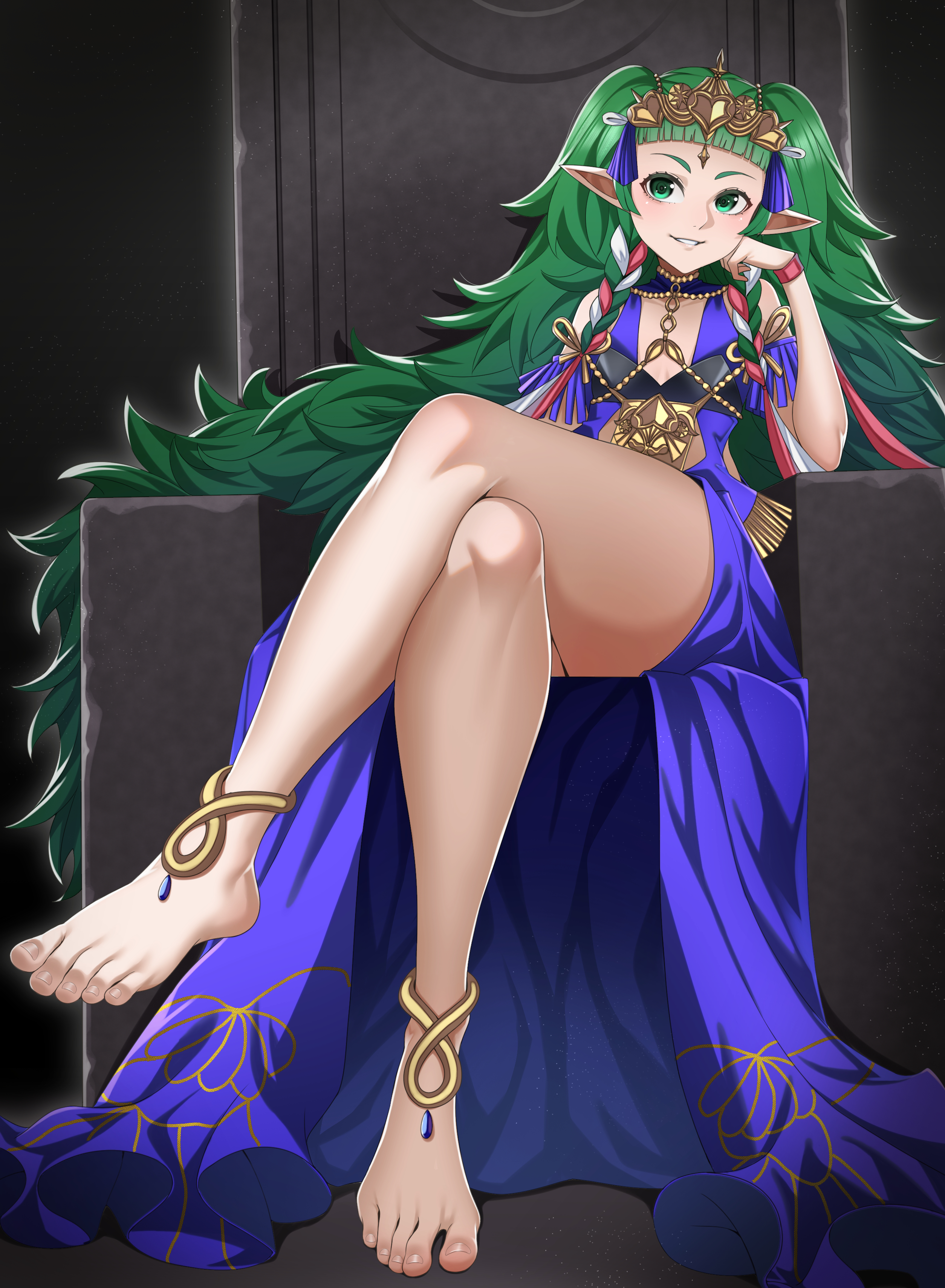 tsa, sothis (fire emblem), fire emblem, fire emblem: three houses, intelligent systems, nintendo, absurdres, highres, 1girl, anklet, barefoot, blunt bangs, bracelet, braid, cleavage cutout, clenched hand, clothing cutout, collarbone, crossed legs, dress, earrings, feet, female focus, flat chest, full body, gold trim, greek toe, green eyes, grey hair, hand up, head rest, head tilt, jewelry, knees, legs, light blush, long hair, long twintails, looking at viewer, lots of jewelry, matching hair/eyes, messy hair, multiple necklaces, parted lips, pendant, pointy ears, revealing clothes, side braids, sitting, sleeveless, sleeveless dress, smirk, smug, teardrop earrings, throne, tiara, toenails, toes, twintails, very long hair