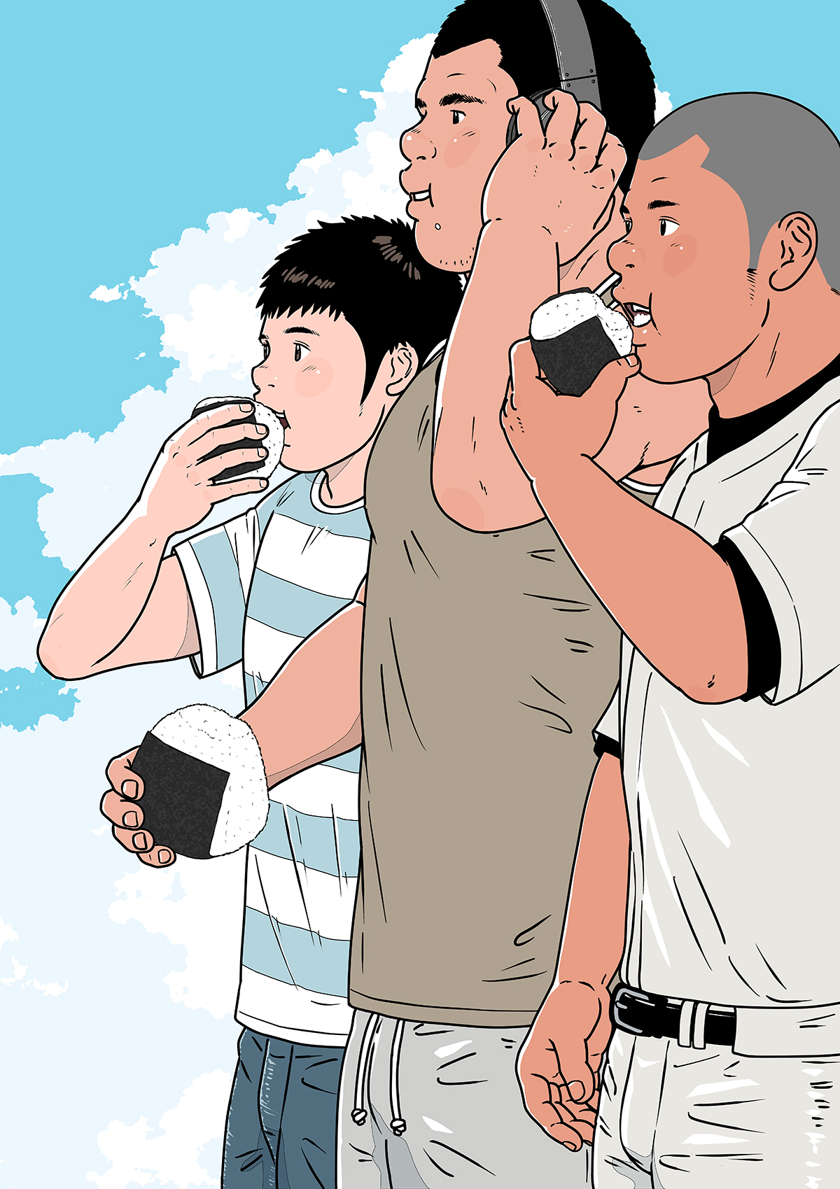 3boys, baseball uniform, black hair, blue sky, food, headphones, multiple boys, onigiri, shirt, sky, sportswear, striped clothes, striped shirt