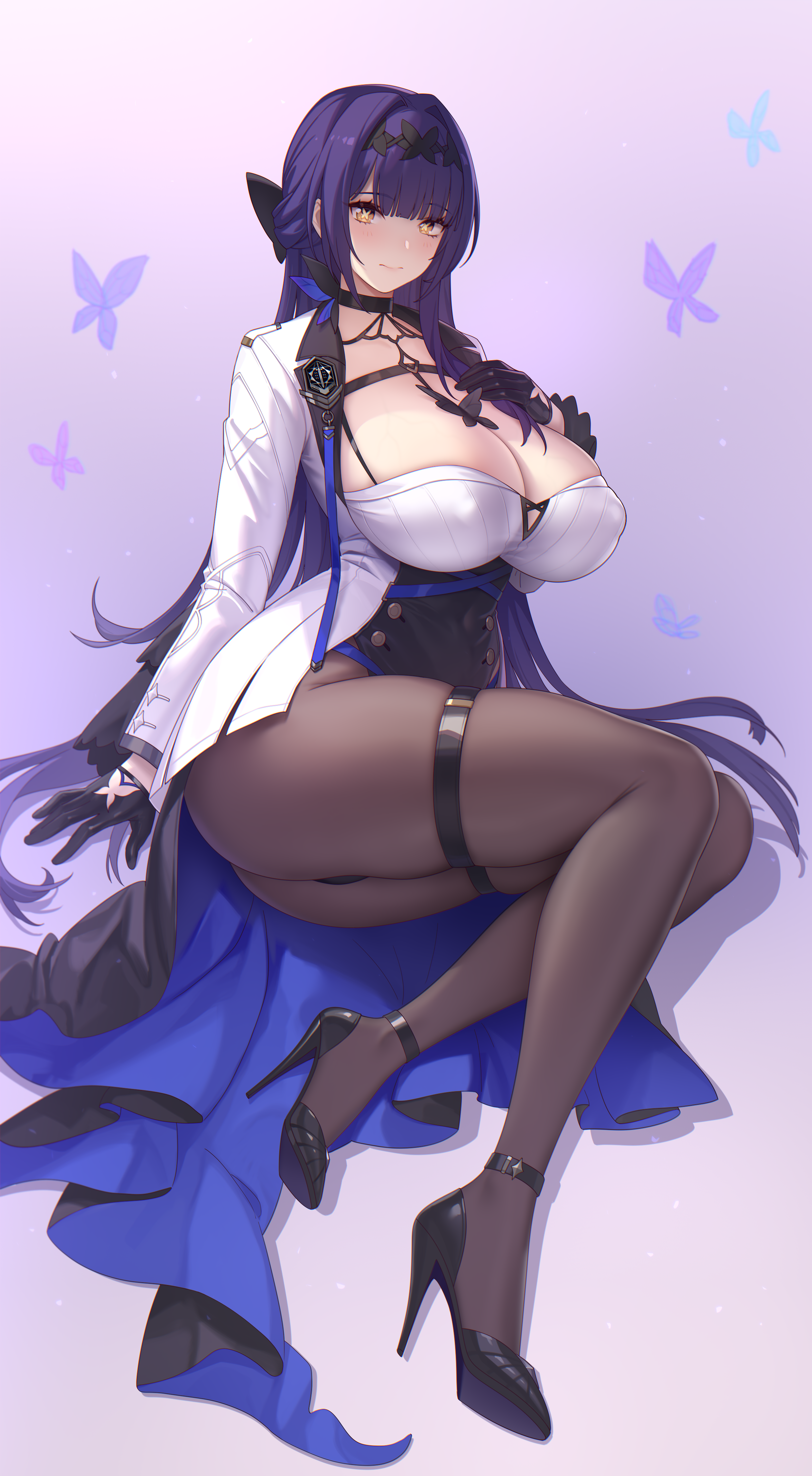 rekaerb maerd, flavia (strinova), strinova, absurdres, commentary request, highres, partial commentary, 1girl, arm support, black choker, black gloves, black panties, black pantyhose, black skirt, blush, breasts, bug, butterfly, butterfly-shaped pupils, chest harness, choker, cleavage, closed mouth, covered erect nipples, gloves, gradient background, hair intakes, hair ornament, hand on own chest, hand up, harness, high-waist skirt, high heels, insect, jacket, large breasts, legs, long hair, long sleeves, looking at viewer, on ground, panties, pantyhose, purple background, purple butterfly, purple hair, shirt, sidelocks, sitting, skirt, solo, strap, symbol-shaped pupils, thigh strap, thighs, two-sided fabric, two-sided jacket, underwear, very long hair, white jacket, white shirt, wing collar, yellow eyes
