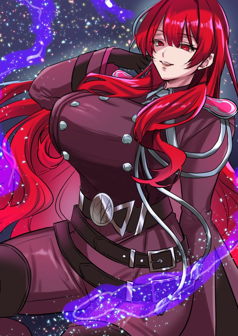 kaisen pasta, exosister karmael, exosister martha, yu-gi-oh!, commentary request, 1girl, belt, black belt, black gloves, breasts, buttons, double-breasted, duel monster, gloves, hair between eyes, jacket, large breasts, long hair, long sleeves, looking at viewer, open mouth, red eyes, red hair, red jacket, sidelocks, smile, solo, standing, taut clothes, upper body, very long hair