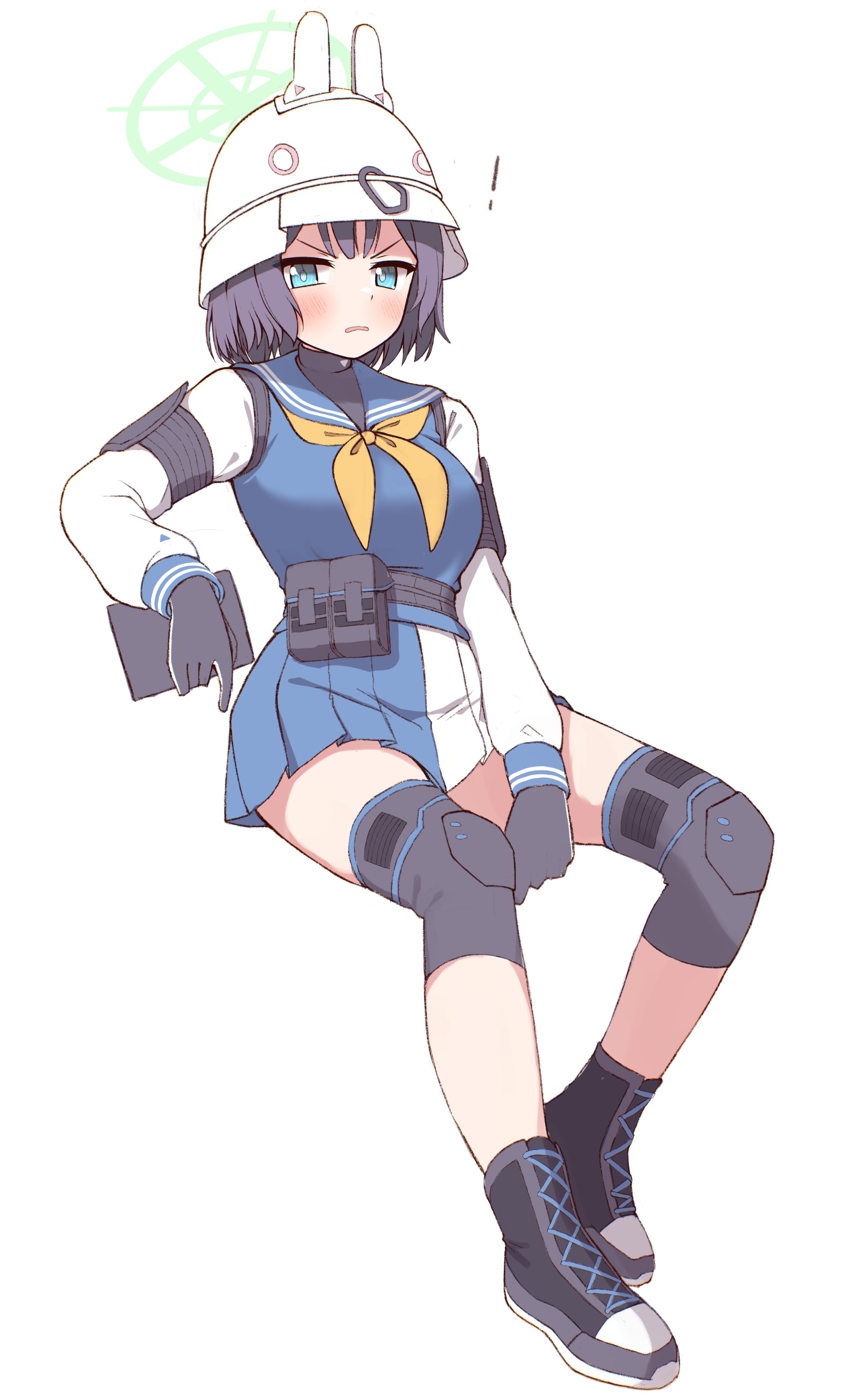 tiemu (man190), saki (blue archive), blue archive, absurdres, commentary request, highres, !, 1girl, animal ears, belt, between legs, black belt, black gloves, black hair, blue eyes, blue serafuku, blush, bob cut, book, boots, breasts, combat helmet, fake animal ears, full body, gloves, green halo, halo, hand between legs, helmet, holding, holding book, invisible chair, knee pads, lace-up boots, large breasts, looking at viewer, neckerchief, pink belt, pleated skirt, raglan sleeves, school uniform, serafuku, short hair, simple background, sitting, skirt, solo, tactical school uniform, turtleneck, undersized clothes, white background, white helmet, yellow neckerchief