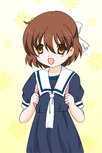 tsukimiya misha, okazaki ushio, clannad, bad id, bad pixiv id, lowres, 00s, backpack, bag, brown eyes, brown hair, child, open mouth, randoseru, school uniform, short hair, solo