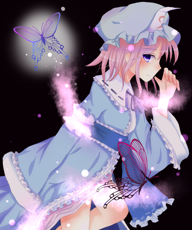 mizuki (tamago), saigyouji yuyuko, touhou, artist request, bad id, bad pixiv id, 1girl, bug, butterfly, dress, female focus, hat, pink hair, purple eyes, short hair, solo
