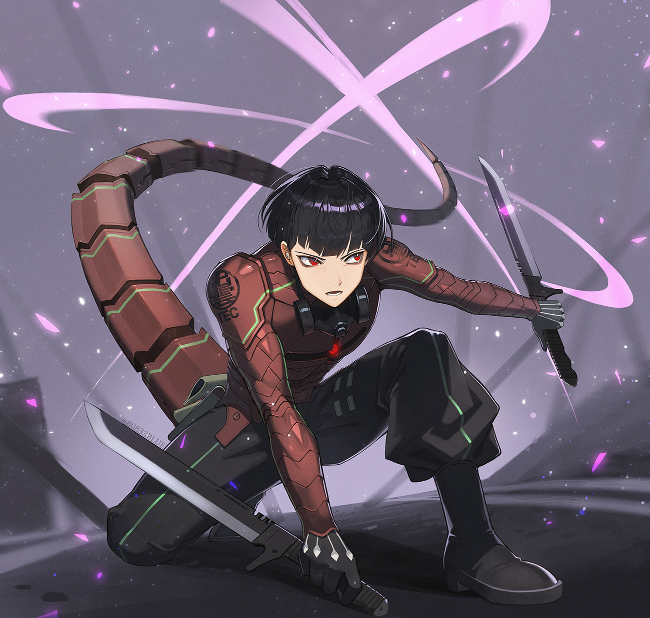 8083 blue, hoshina soshiro, kaijuu no. 8, commentary, highres, 1boy, black hair, black pants, dual wielding, full body, gas mask, grey background, holding, holding sword, holding weapon, male focus, mask, mechanical tail, pants, red eyes, short hair, sideways glance, solo, sword, tail, weapon