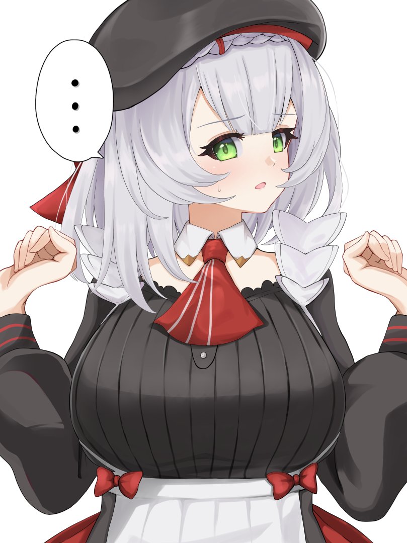 harechiuten, noelle (genshin impact), noelle (kfc) (genshin impact), genshin impact, kfc, …, 1girl, apron, ascot, black hat, blush, braid, braided bangs, breasts, dress, employee uniform, fast food uniform, green eyes, grey hair, hat, large breasts, looking at viewer, official alternate costume, red ascot, short hair, solo, sweatdrop, upper body, white background