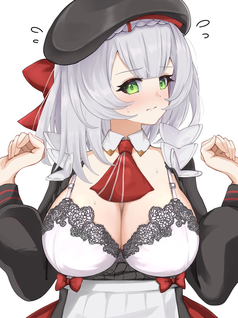harechiuten, noelle (genshin impact), noelle (kfc) (genshin impact), genshin impact, kfc, 1girl, apron, ascot, black hat, blush, bra, braid, braided bangs, breasts, cleavage, dress, employee uniform, fast food uniform, flying sweatdrops, green eyes, grey hair, hat, large breasts, looking at viewer, nose blush, official alternate costume, open clothes, red ascot, short hair, solo, sweatdrop, underwear, upper body, white background, white bra