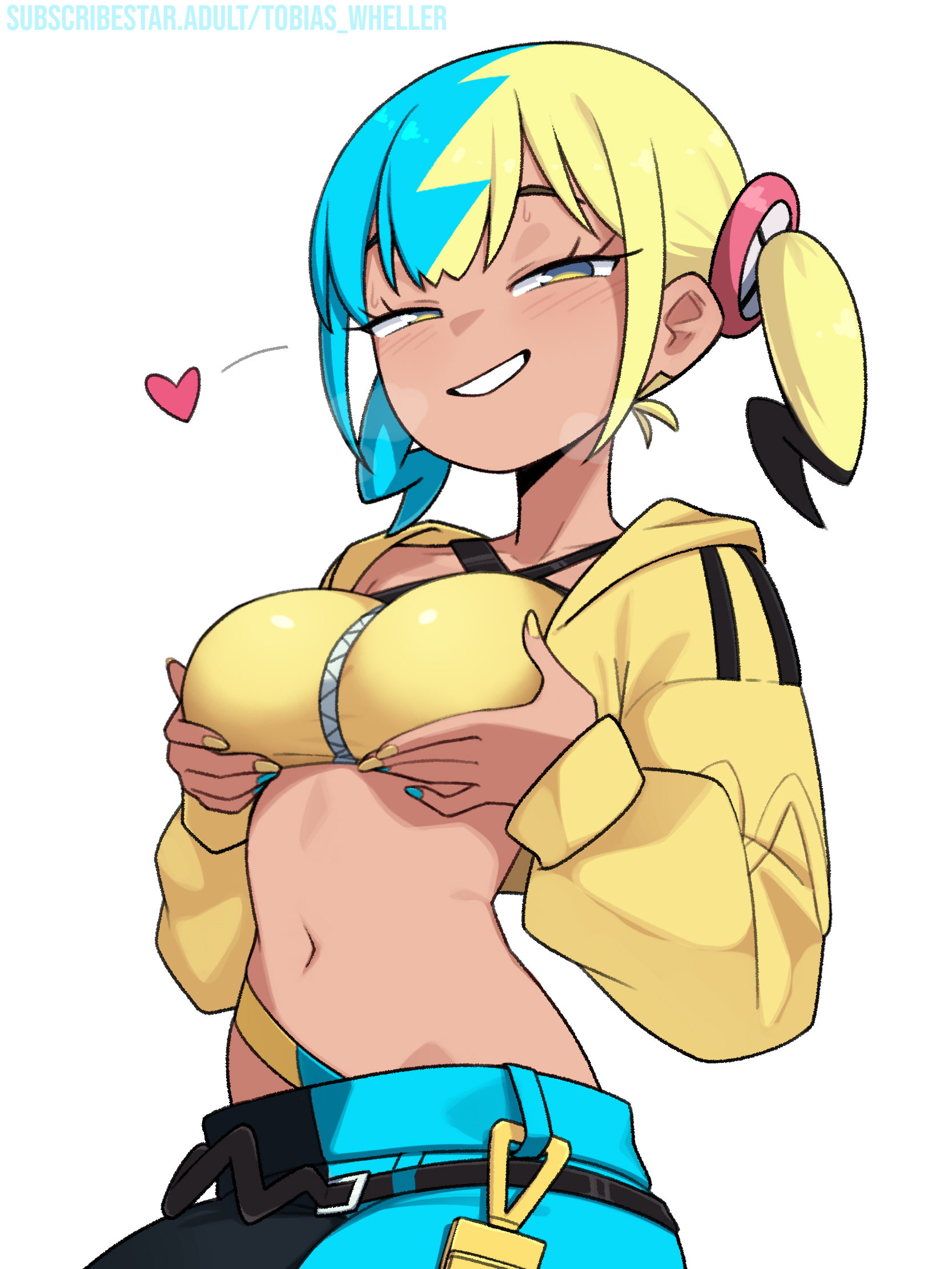 tobias wheller, canari (pokemon), nintendo, pokemon, pokemon legends: z-a, commentary, english commentary, highres, 1girl, bandeau, black hair, black mask, black pants, blonde hair, blue hair, blue nails, blue pants, blush, breast lift, breasts, criss-cross halter, halterneck, heart, jacket, long sleeves, looking at viewer, medium breasts, multicolored hair, multicolored nails, nail polish, navel, pants, short twintails, simple background, solo, tan, twintails, two-tone pants, white background, yellow bandeau, yellow jacket, yellow nails