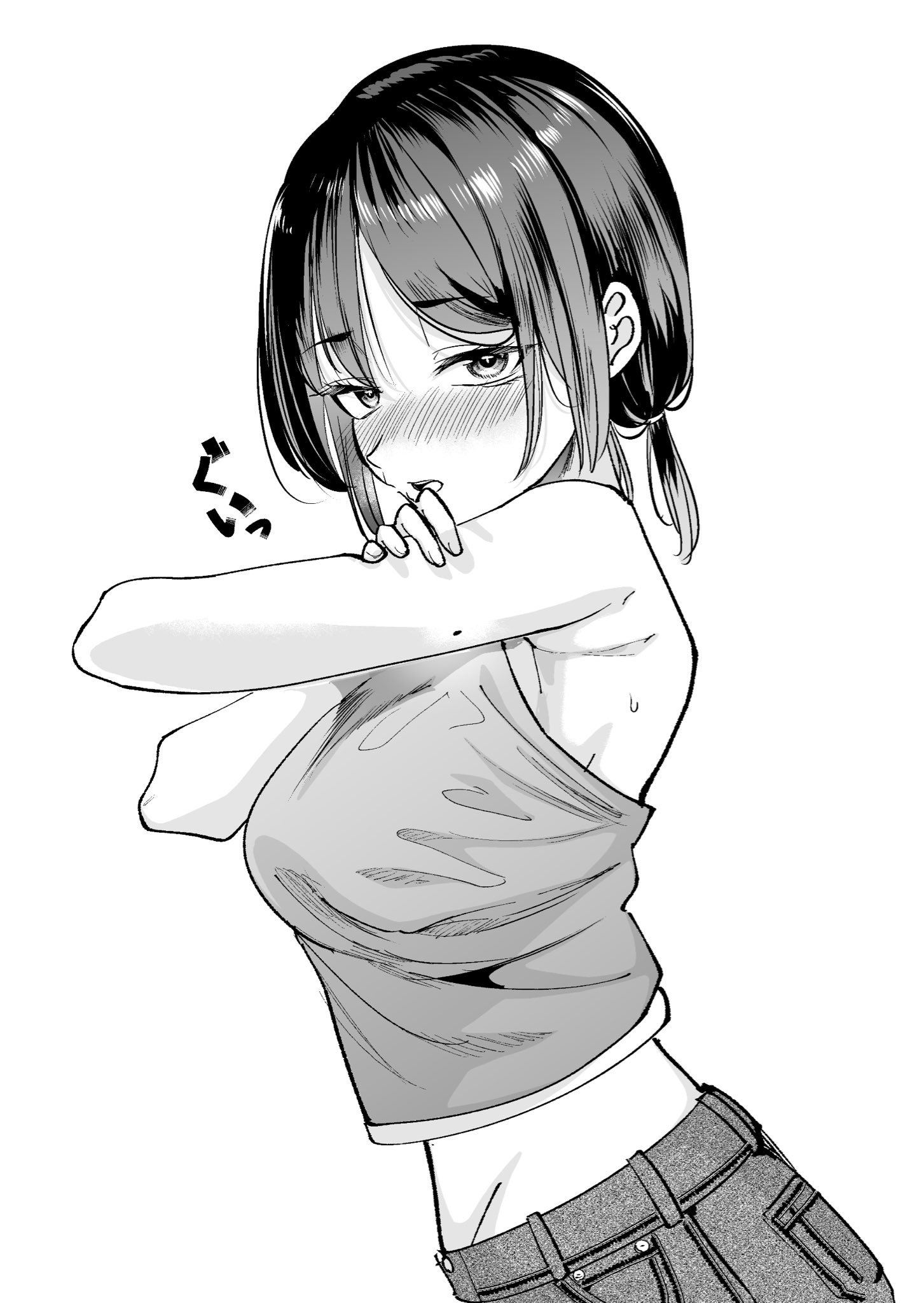 matsumoto kengo, original, check commentary, commentary, commentary request, highres, 1girl, armpits, black hair, blush, breasts, crop top, denim, from side, grey hair, jeans, looking at viewer, looking to the side, medium hair, mole, mole on arm, nose blush, pants, parted bangs, parted lips, solo, sweat, tank top, turning head, upper body