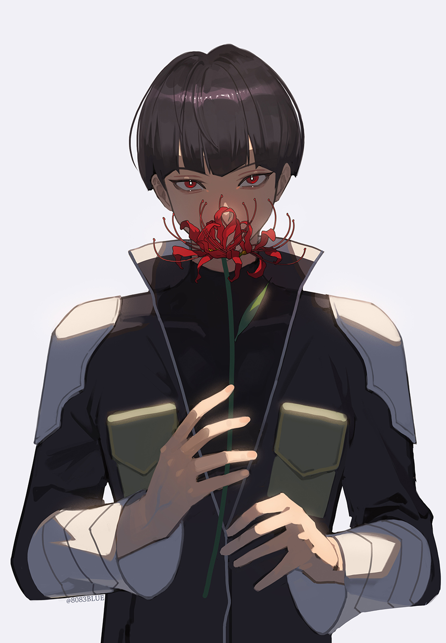 8083 blue, hoshina soshiro, kaijuu no. 8, highres, 1boy, black hair, black jacket, flower, holding, holding flower, jacket, long sleeves, looking at viewer, male focus, pectorals, red eyes, red flower, short hair, simple background, solo, spider lily, upper body, white background