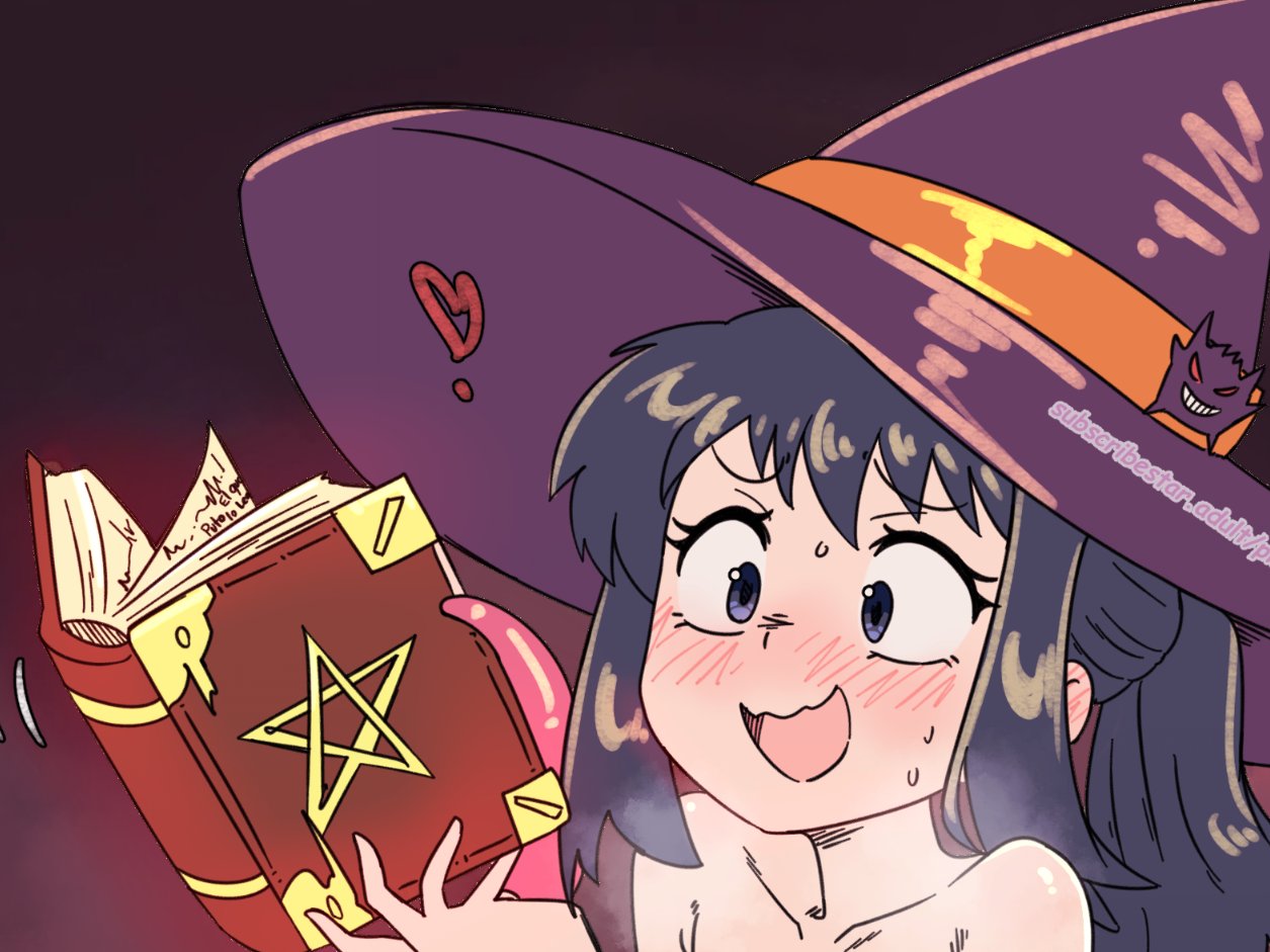 piutahayo, akari (pokemon), nintendo, pokemon, character request, check character, cropped, paid reward available, 1girl, black hair, blush, book, hat, heart, holding, holding book, open mouth, pentagram, ponytail, purple eyes, purple hat, tentacles, witch hat