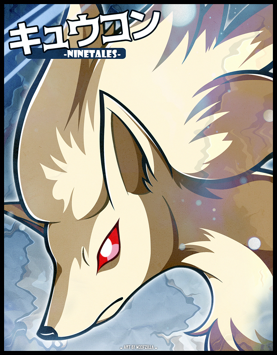 woofzilla, ninetales, nintendo, pokemon, commentary, english commentary, highres, translation request, animal focus, black border, border, bright pupils, character name, closed mouth, gen 1 pokemon, no humans, pokemon (creature), red eyes, solo, white pupils