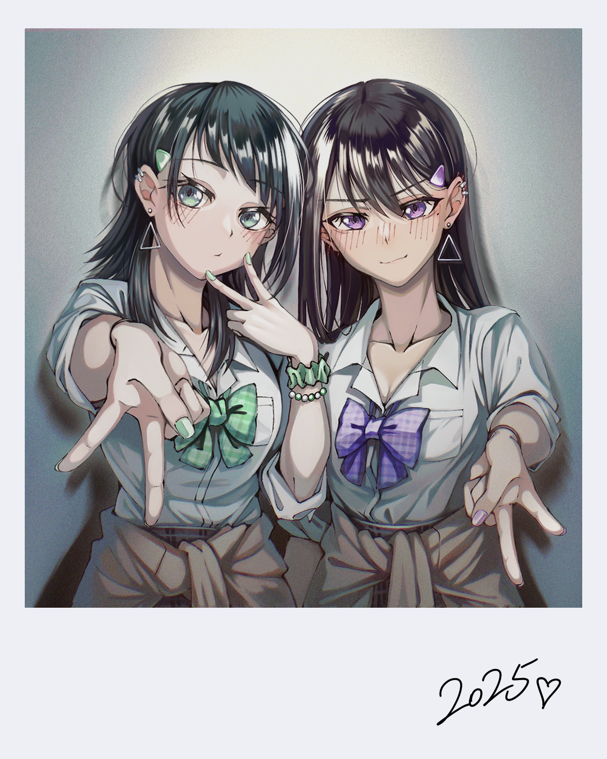 doki (oox3o), shiina taki, yahata umiri, bang dream!, bang dream! it's mygo!!!!!, commentary, highres, 2girls, black hair, blue bow, blue bowtie, bow, bowtie, bracelet, brown cardigan, cardigan, cardigan around waist, closed mouth, clothes around waist, collared shirt, dress shirt, ear piercing, earrings, green eyes, green nails, green scrunchie, gyaru, jewelry, long hair, looking at viewer, multiple girls, piercing, pink nails, polaroid photo, purikura, purple bow, purple bowtie, purple eyes, scrunchie, shirt, simple background, three-quarter sleeves, upper body, v, v over mouth, white shirt, wrist scrunchie