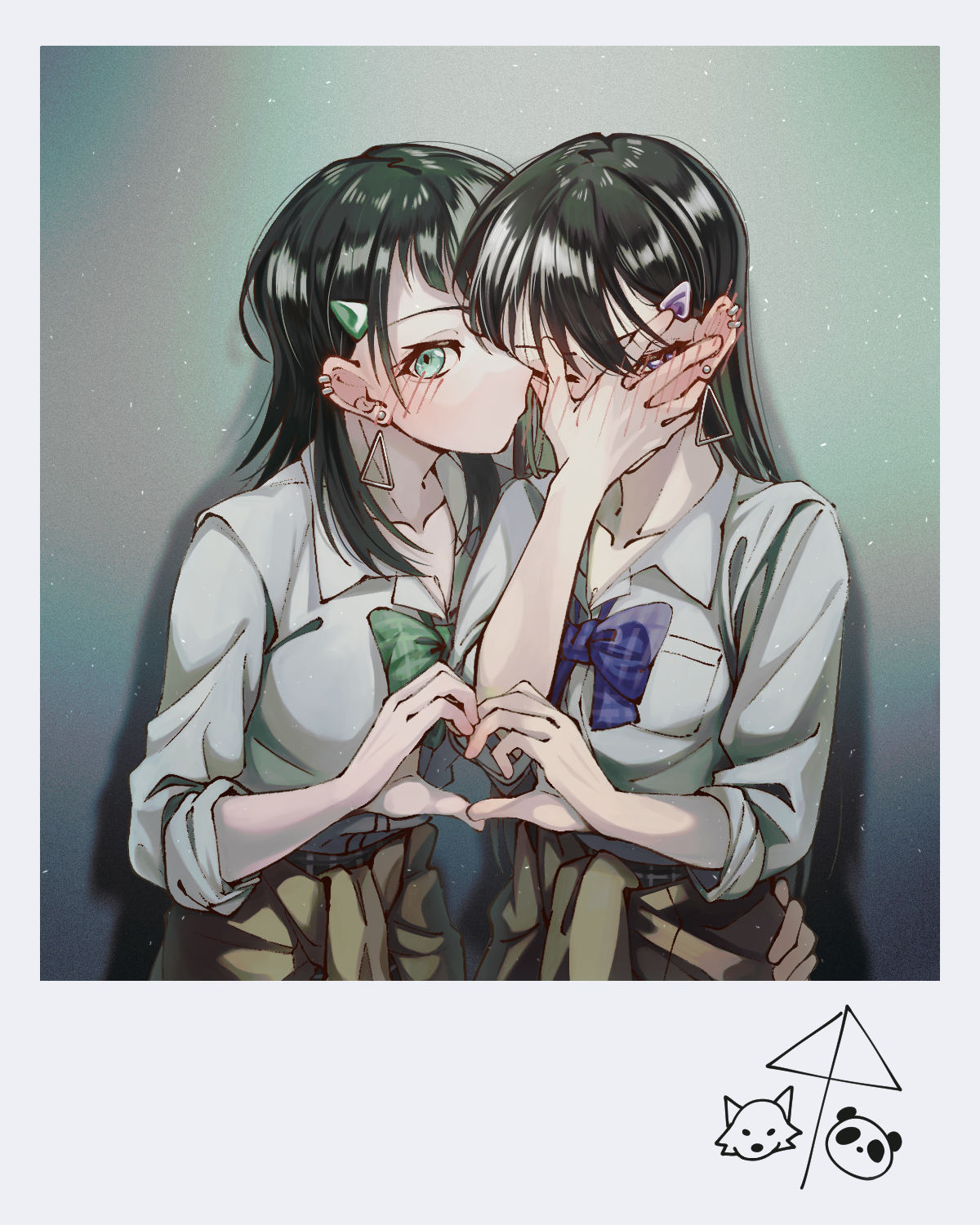 doki (oox3o), shiina taki, yahata umiri, bang dream!, bang dream! it's mygo!!!!!, commentary, highres, 2girls, ai ai gasa, black hair, blush, bow, bowtie, brown cardigan, cardigan, cardigan around waist, clothes around waist, dress shirt, ear piercing, earrings, embarrassed, green bow, green bowtie, hair ornament, hairclip, heart, heart hands, heart hands duo, jewelry, long hair, looking through fingers, multiple girls, piercing, plaid bow, plaid bowtie, plaid clothes, purple bow, purple bowtie, purple eyes, shirt, sleeves rolled up, three-quarter sleeves, upper body, white shirt, yuri
