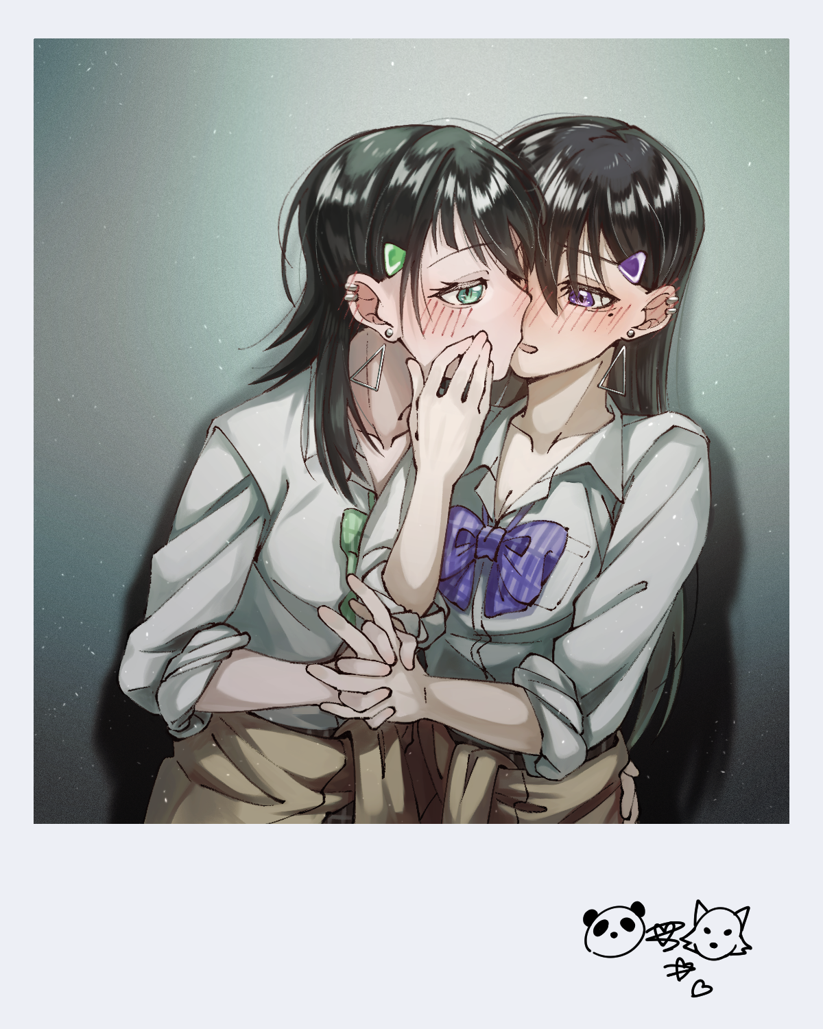 doki (oox3o), shiina taki, yahata umiri, bang dream!, bang dream! it's mygo!!!!!, commentary, highres, 2girls, black hair, blush, bow, bowtie, brown cardigan, cardigan, cardigan around waist, clothes around waist, dress shirt, ear piercing, earrings, green bow, green bowtie, hair ornament, hairclip, heart, holding hands, interlocked fingers, jewelry, kiss, long hair, looking through fingers, multiple girls, open mouth, piercing, plaid bow, plaid bowtie, plaid clothes, purple bow, purple bowtie, purple eyes, shirt, sleeves rolled up, three-quarter sleeves, upper body, white shirt, yuri