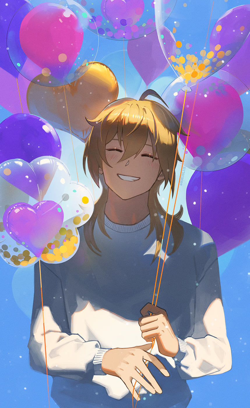 8083 blue, hakaze kaoru, ensemble stars!, commentary, highres, 1boy, ahoge, balloon, blush, brown hair, closed eyes, grin, hair between eyes, heart balloon, long hair, long sleeves, male focus, shirt, smile, solo, upper body, white shirt