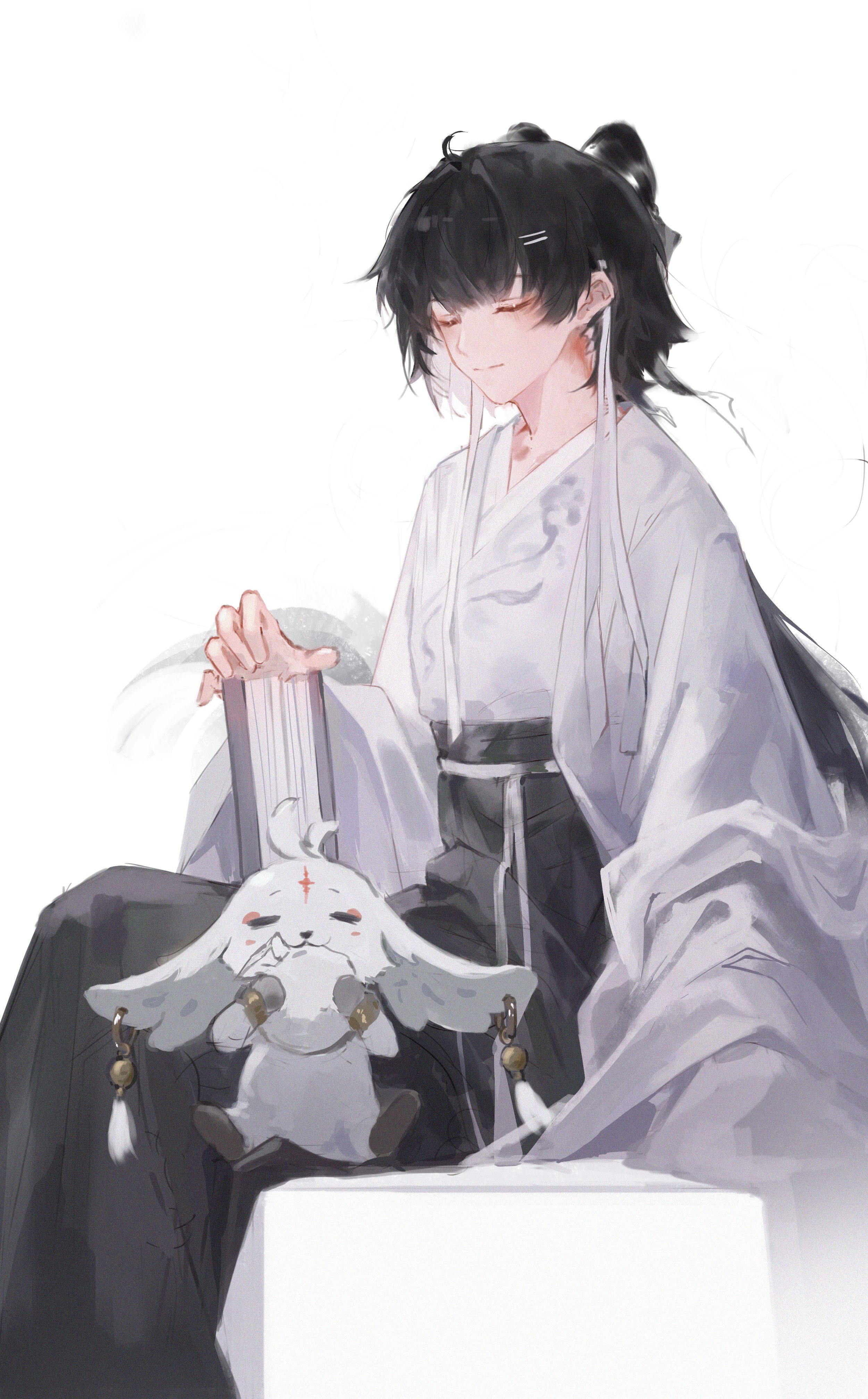 elyzerda, female rover (wuthering waves), rover (wuthering waves), wuthering waves, absurdres, commentary, highres, symbol-only commentary, 1girl, alternate costume, black bow, bow, chinese clothes, closed eyes, closed mouth, hair bow, hand up, long hair, long sleeves, low ponytail, ponytail, simple background, sitting, white background