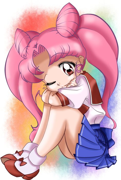 ru-chan, chibi usa, bishoujo senshi sailor moon, 1990s (style), child, long hair, one eye closed, pink hair, red eyes, retro artstyle, school uniform, serafuku, solo, twintails, wink