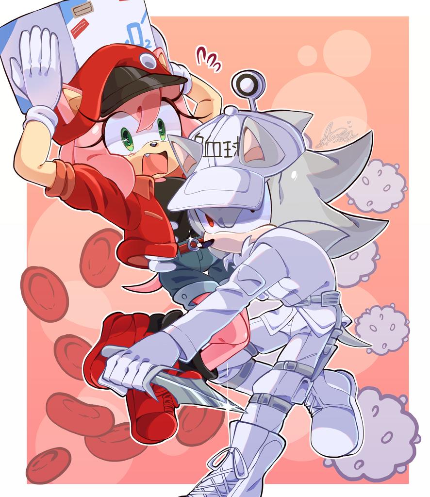 ae-3803, amy rose, red blood cell (hataraku saibou), shadow the hedgehog, u-1146, white blood cell (hataraku saibou), hataraku saibou, sonic (series), artist request, 1boy, 1girl, alternate color, angry, boots, box, cosplay, fang, green eyes, hat, knife, open mouth, pink background, pink fur, red eyes, shoes, shorts, surprised, weapon, white fur