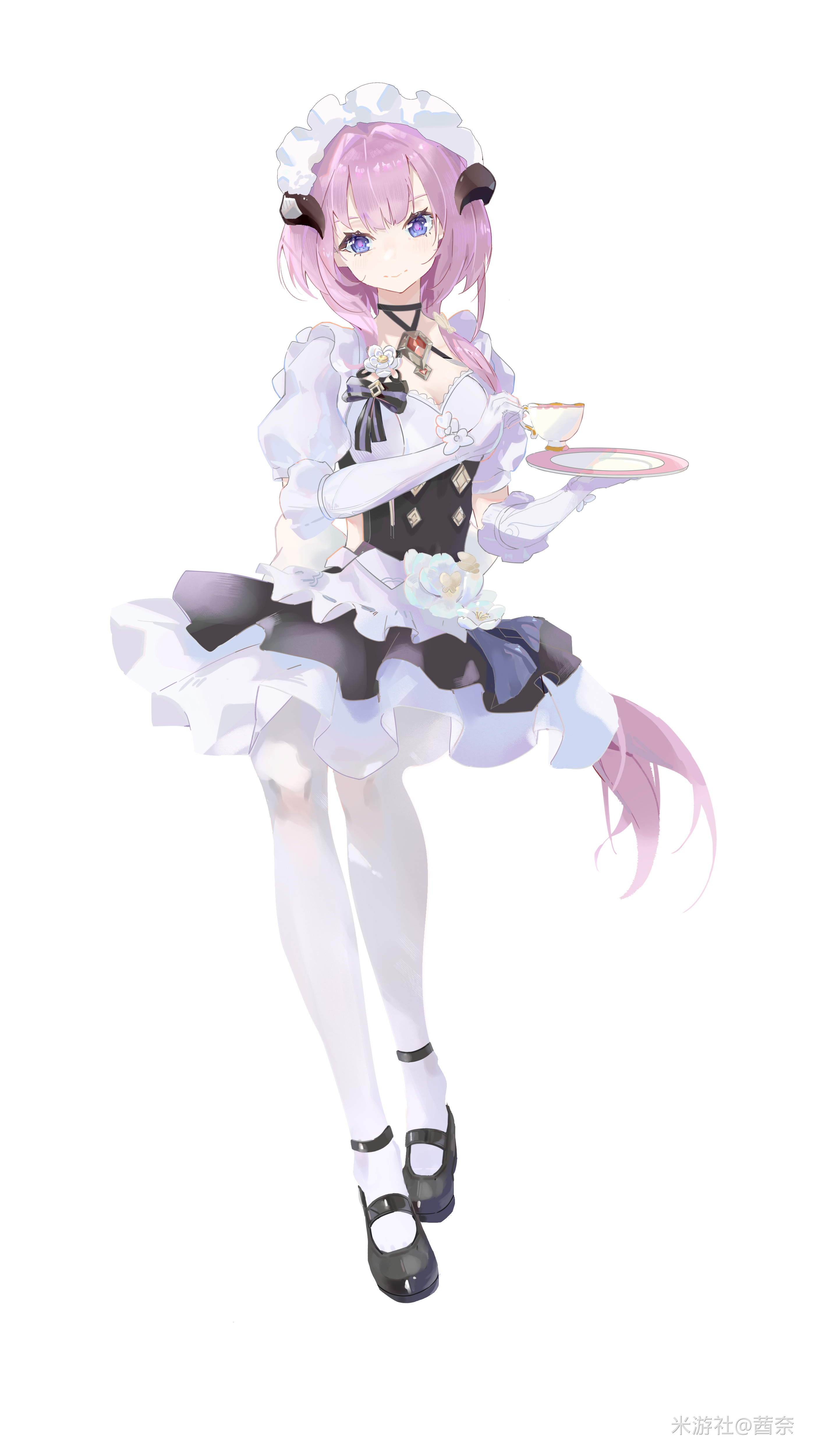 elysia (honkai impact), elysia (miss pink) (honkai impact), elysia (miss pink elf) (honkai impact), honkai (series), honkai impact 3rd, absurdres, chinese commentary, commentary request, highres, variant set, 1girl, apron, black dress, blue eyes, breasts, cake, chair, cleavage, cup, dress, fake horns, food, gloves, holding, holding cup, holding plate, horns, large breasts, long hair, maid, maid apron, maid headdress, official alternate costume, pink hair, plant, plate, potted plant, qiannai live, simple background, sitting, solo, strawberry shortcake, table, teacup, teapot, thighhighs, very long hair, white apron, white background, white gloves, white thighhighs