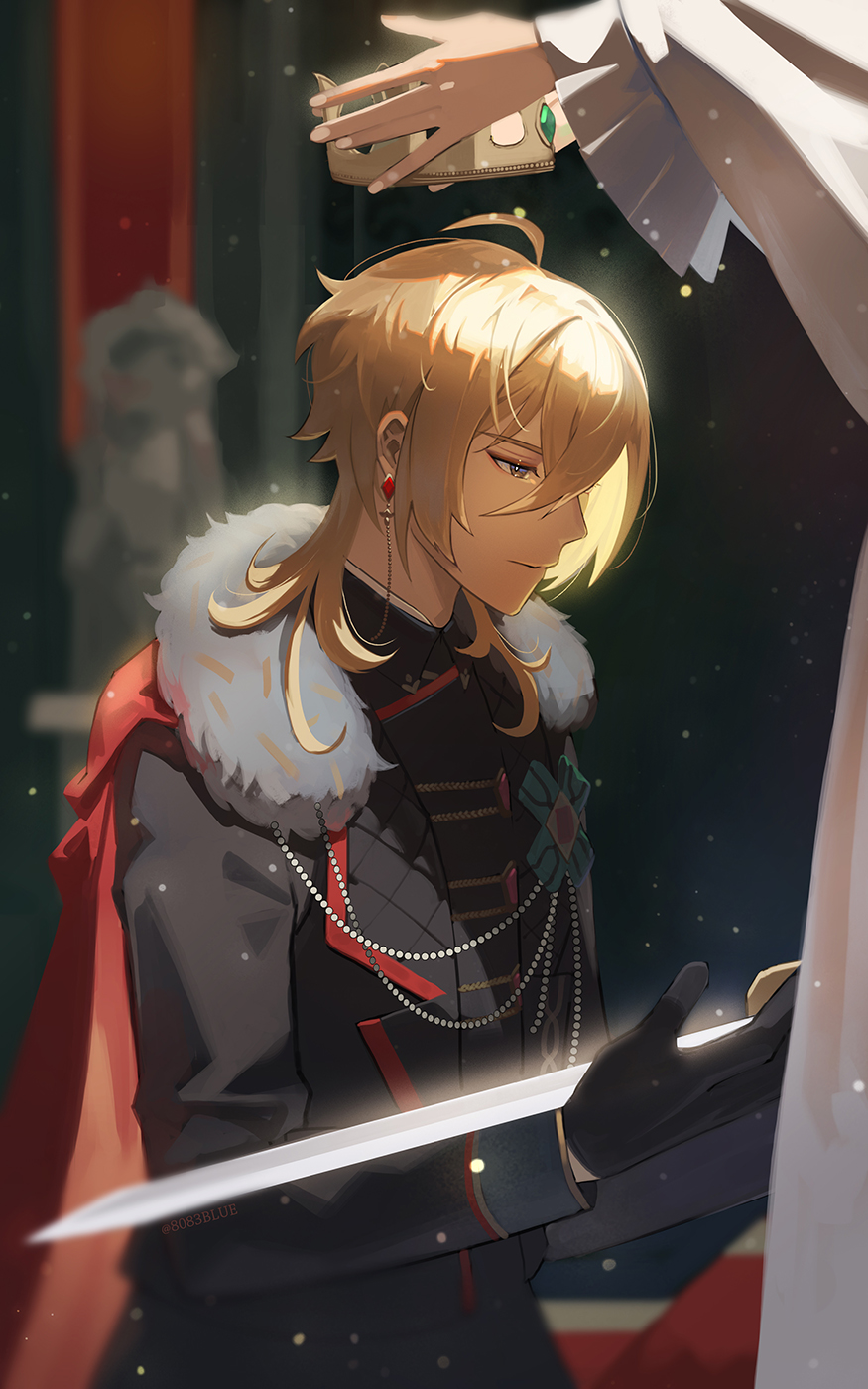 8083 blue, hakaze kaoru, ensemble stars!, highres, 1boy, black gloves, blonde hair, cape, closed mouth, crown, earrings, gloves, hair between eyes, holding, holding crown, holding sword, holding weapon, jewelry, knighting, long hair, long sleeves, male focus, red cape, scorpio's venom (ensemble stars!), solo focus, sword, upper body, weapon