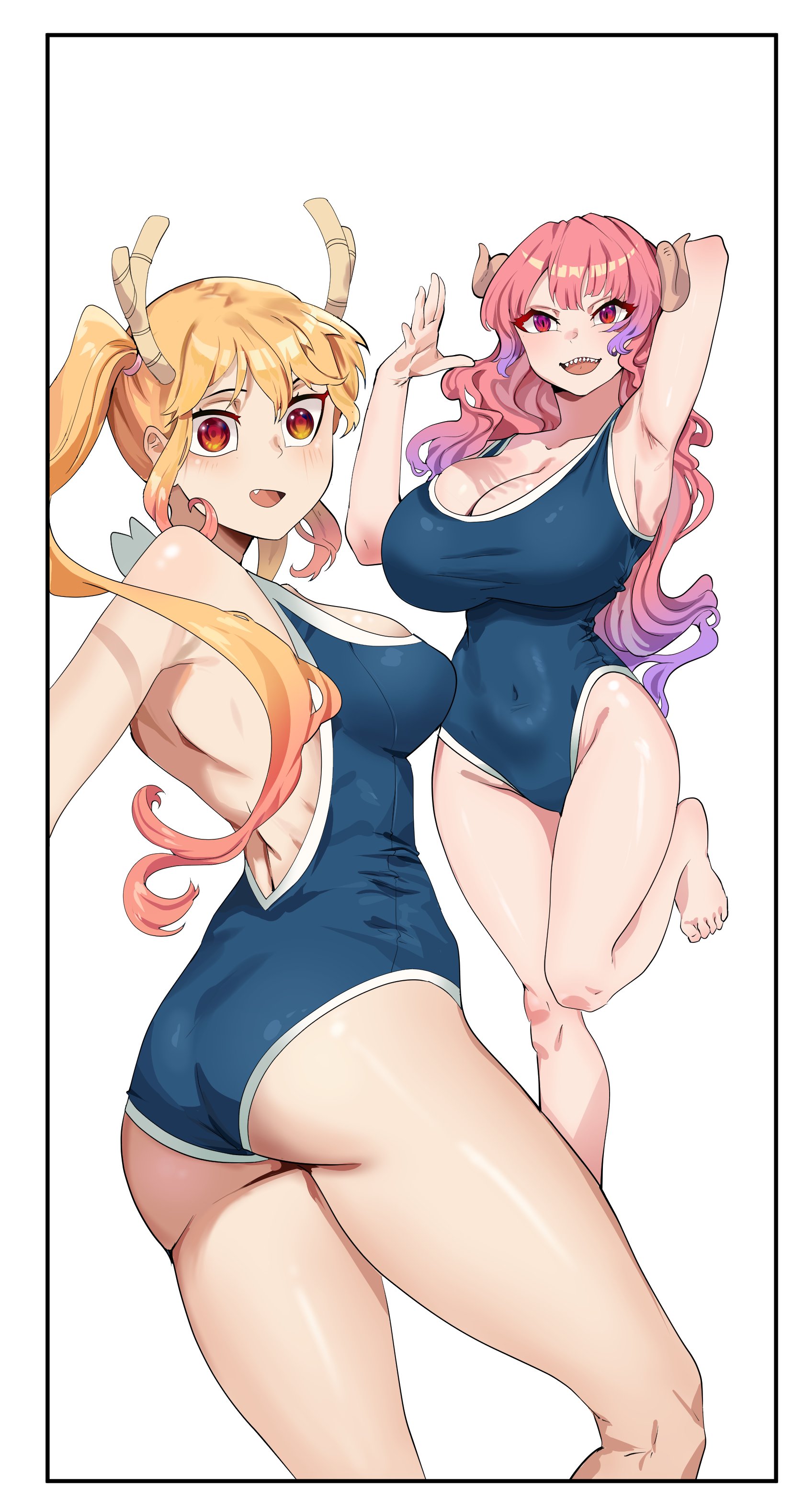 firstdayiyui, ilulu (maidragon), tohru (maidragon), kobayashi-san chi no maidragon, absurdres, commentary, highres, 2girls, armpits, ass, black border, blue one-piece swimsuit, border, breasts, cleavage, collarbone, colored tips, competition school swimsuit, covered navel, curled horns, dragon girl, dragon horns, hands up, highleg, highleg one-piece swimsuit, horns, huge breasts, long hair, looking at viewer, multicolored hair, multiple girls, one-piece swimsuit, open mouth, orange eyes, red eyes, school swimsuit, sharp teeth, shoulder blades, simple background, smile, standing, standing on one leg, swimsuit, teeth, thighs, twintails, white background