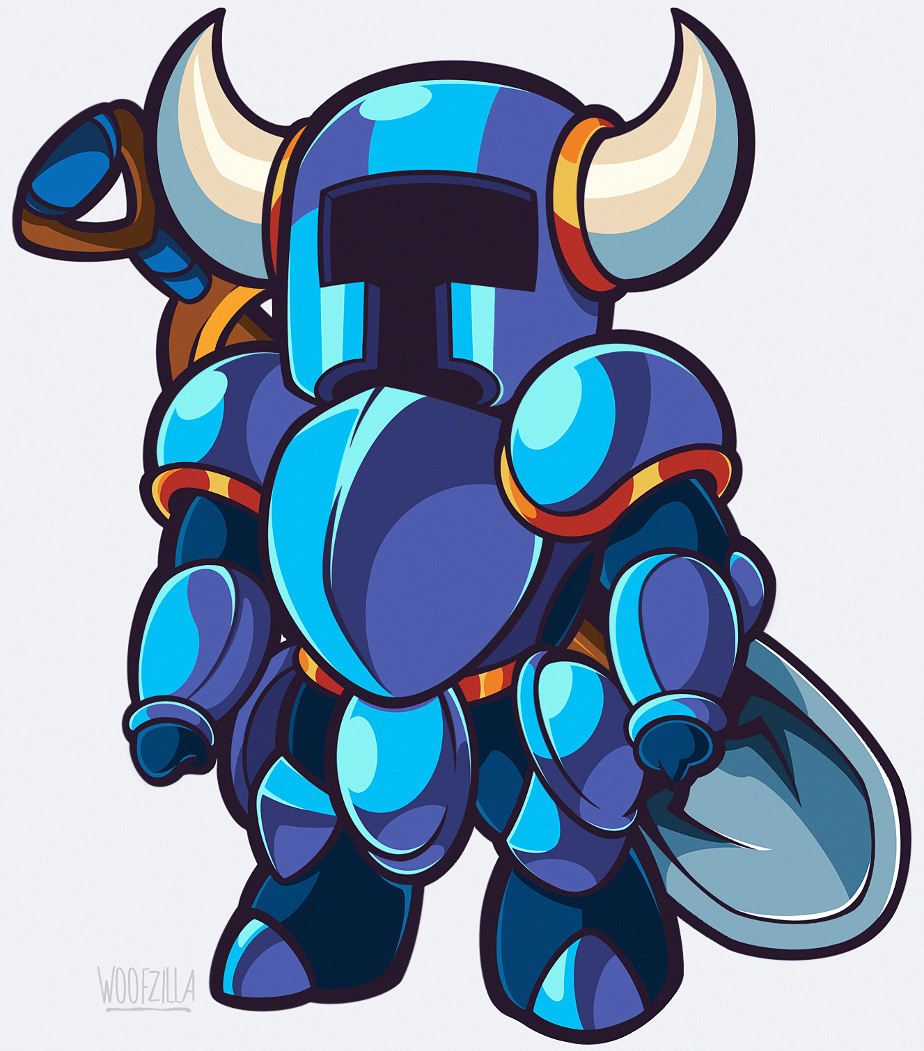woofzilla, shovel knight (character), shovel knight, commentary, english commentary, highres, 1boy, armor, blue armor, fake horns, full armor, full body, helmet, horned helmet, horns, knight, shovel, simple background, solo, standing, white background