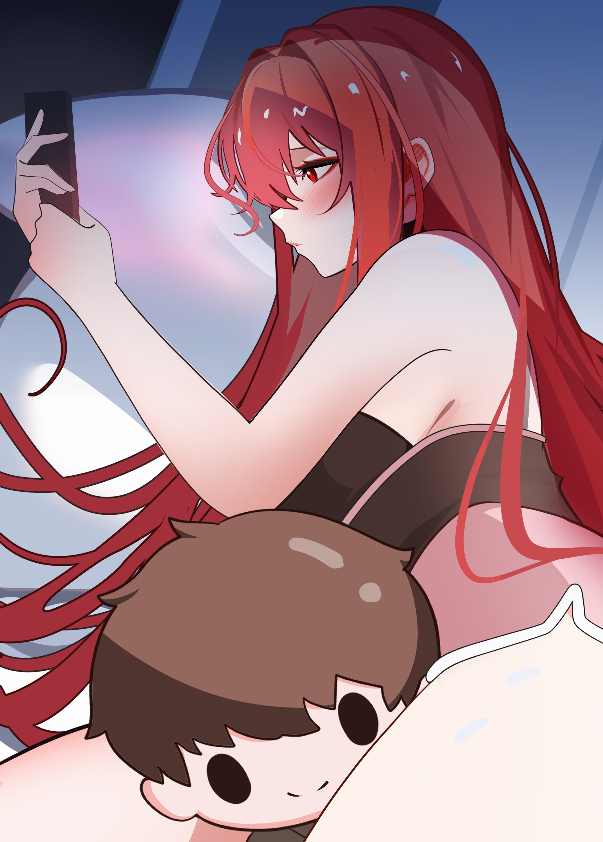 velmillix, commander (nikke), rapi (nikke), rapi (red hood) (cherished red) (nikke), rapi (red hood) (nikke), goddess of victory: nikke, absurdres, highres, 1girl, black nightgown, blush, character doll, doll, holding, holding phone, i'm this clingy (meme), long hair, looking at phone, meme, nightgown, official alternate costume, phone, pink shorts, profile, red eyes, red hair, shorts, solo, thighs, very long hair
